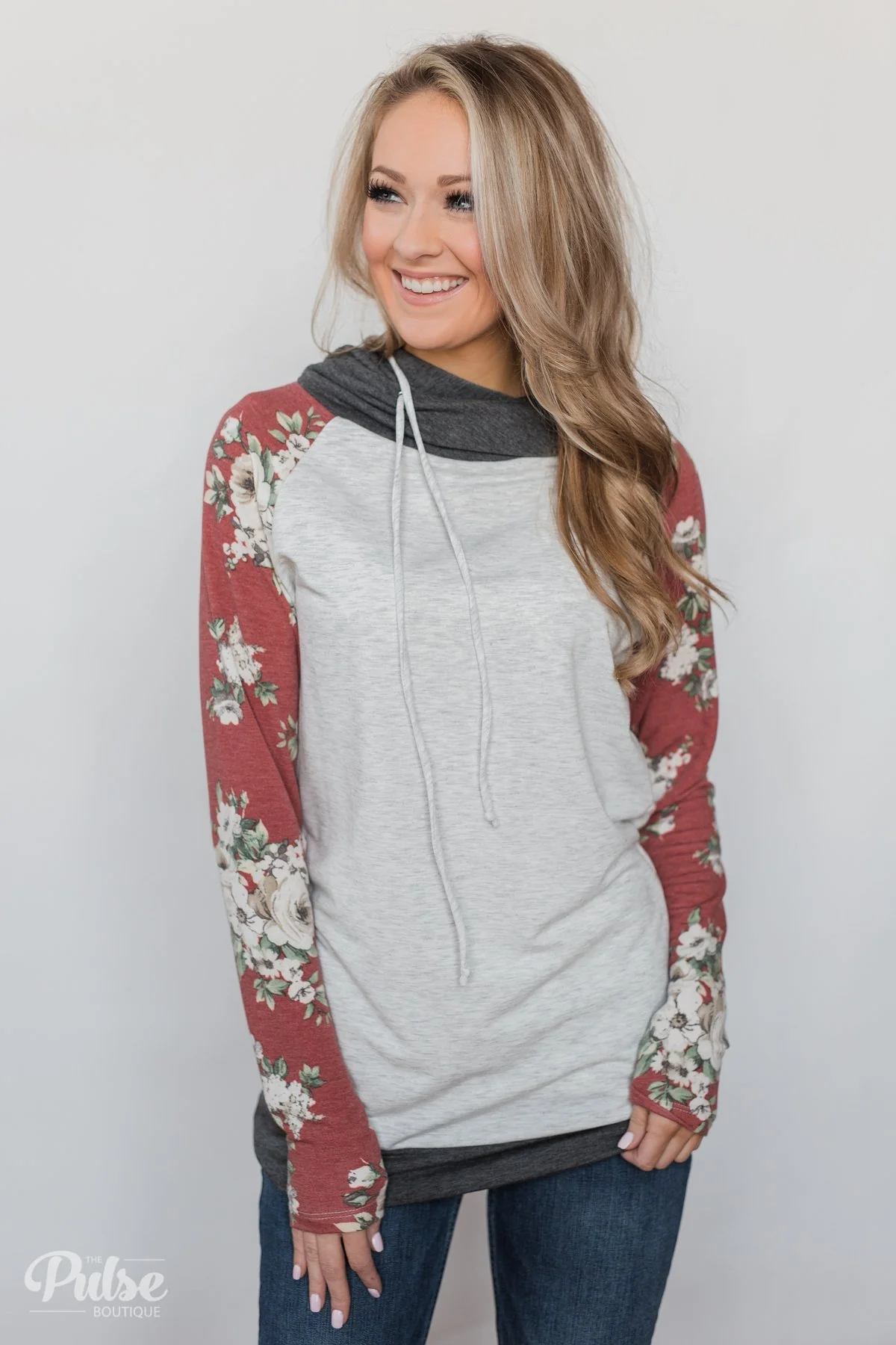 Smile Pretty Floral Drawstring Hoodie- Heather Grey - Image 8