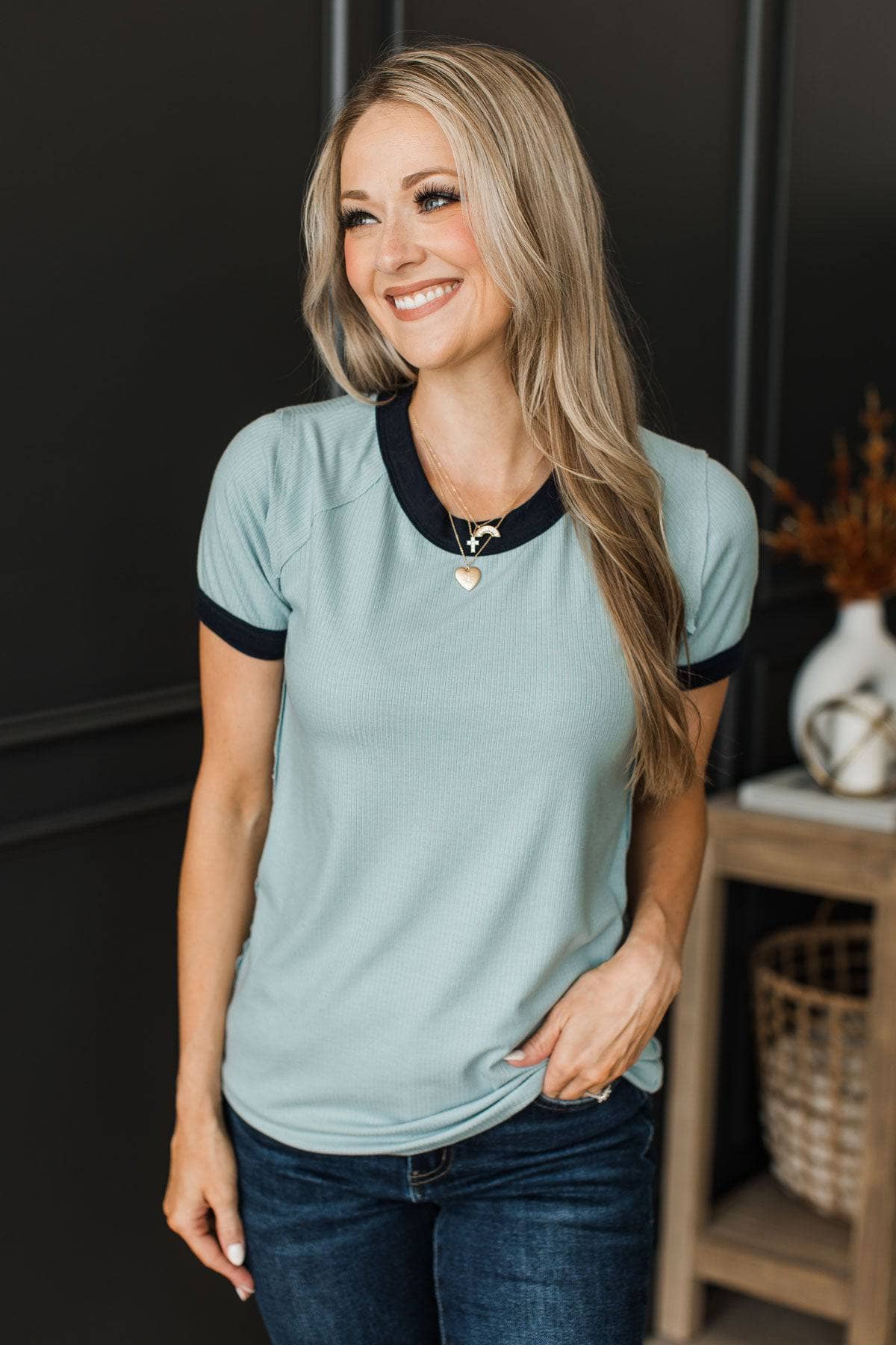 Smiles All Around Ribbed Short Sleeve Top- Blue & Navy