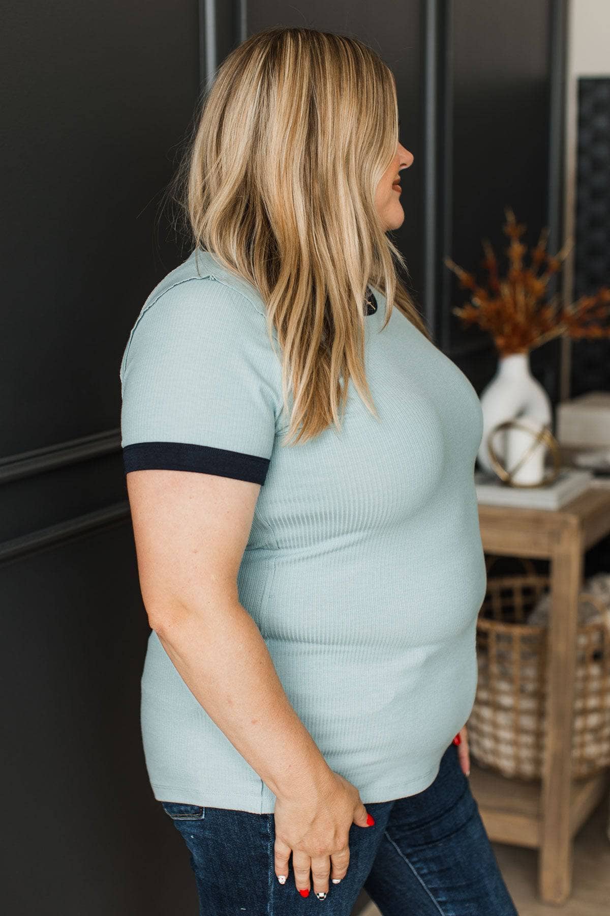 Smiles All Around Ribbed Short Sleeve Top- Blue & Navy - Image 6