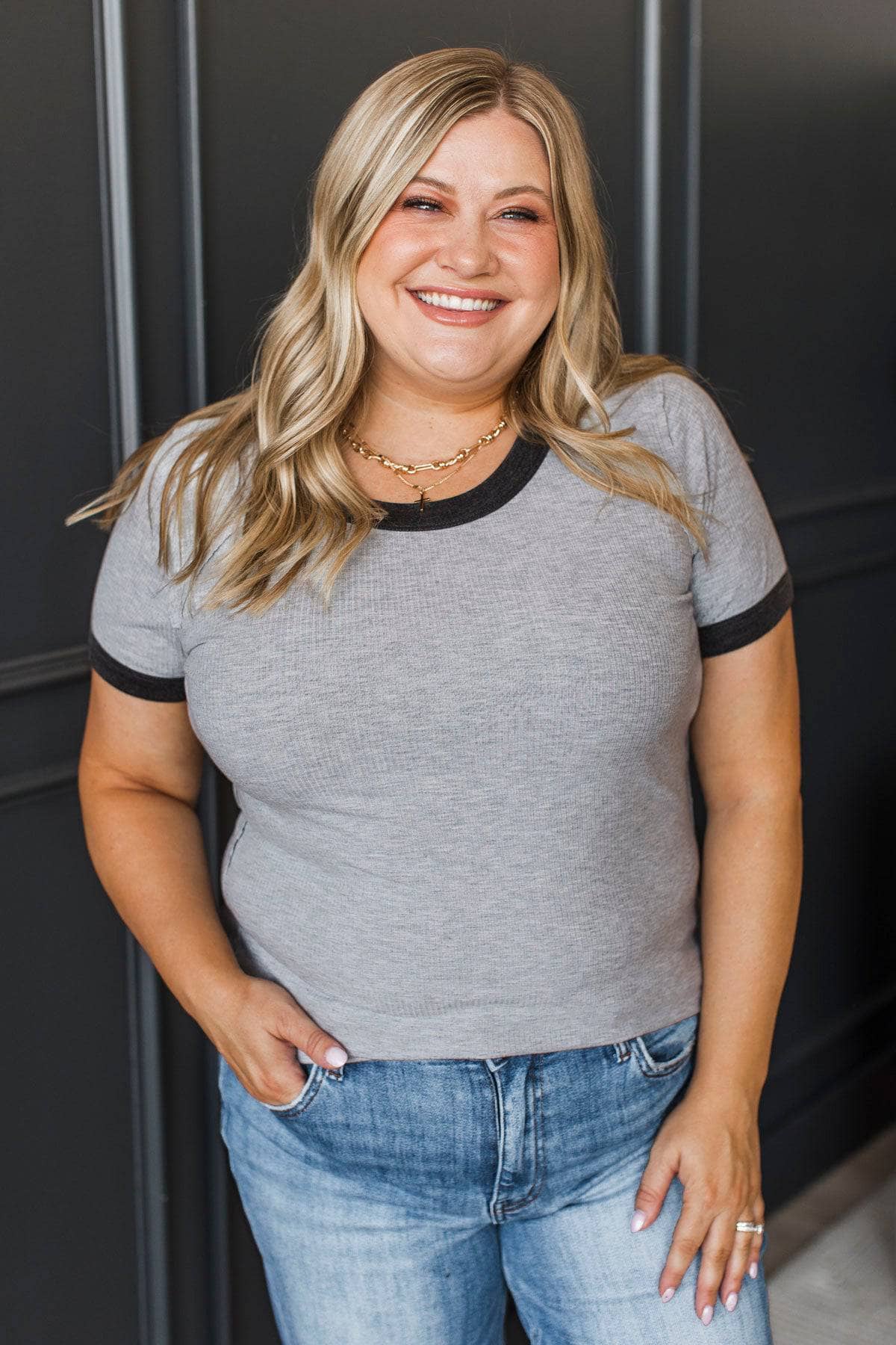 Smiles All Around Ribbed Short Sleeve Top- Heather Grey