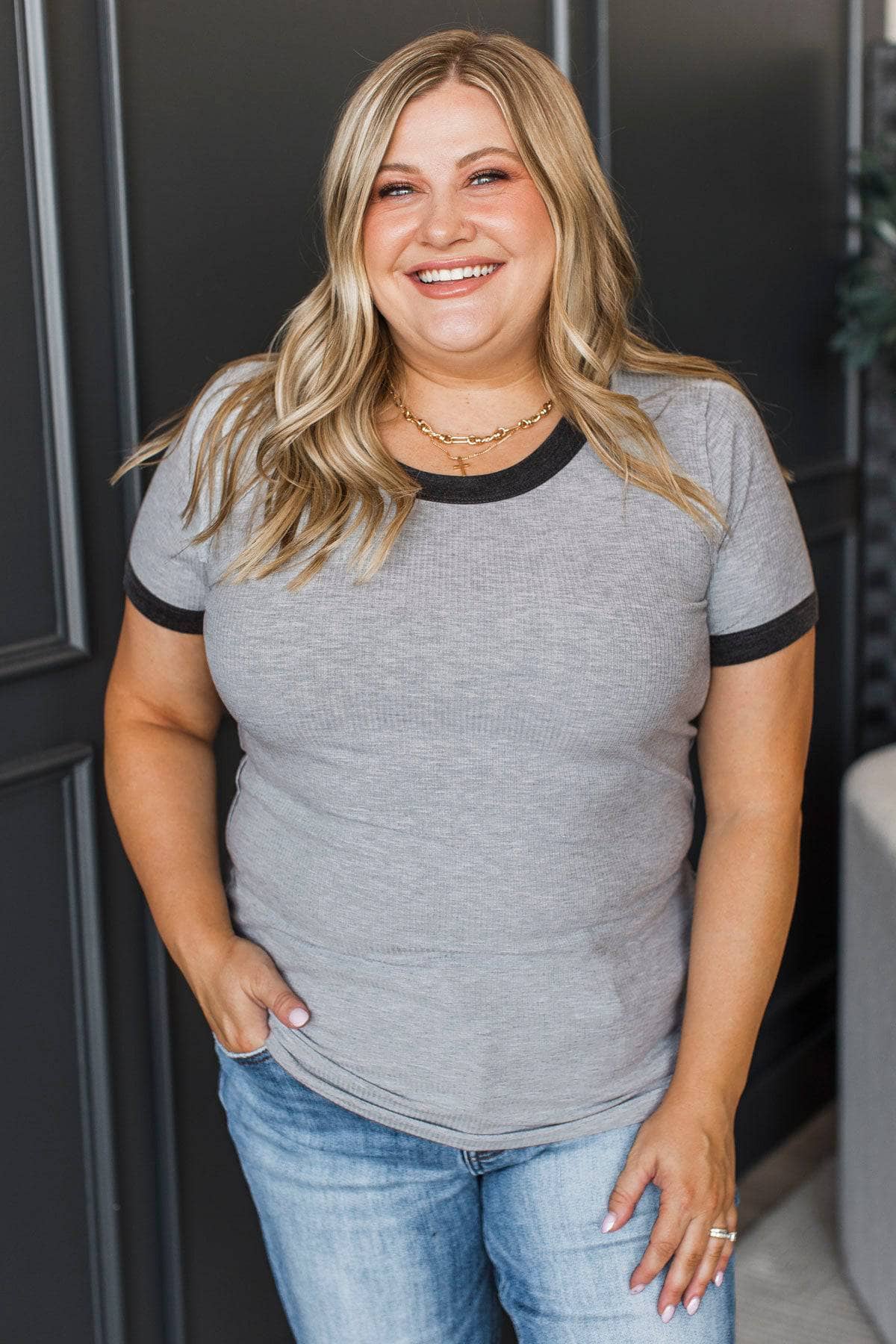 Smiles All Around Ribbed Short Sleeve Top- Heather Grey - Image 3