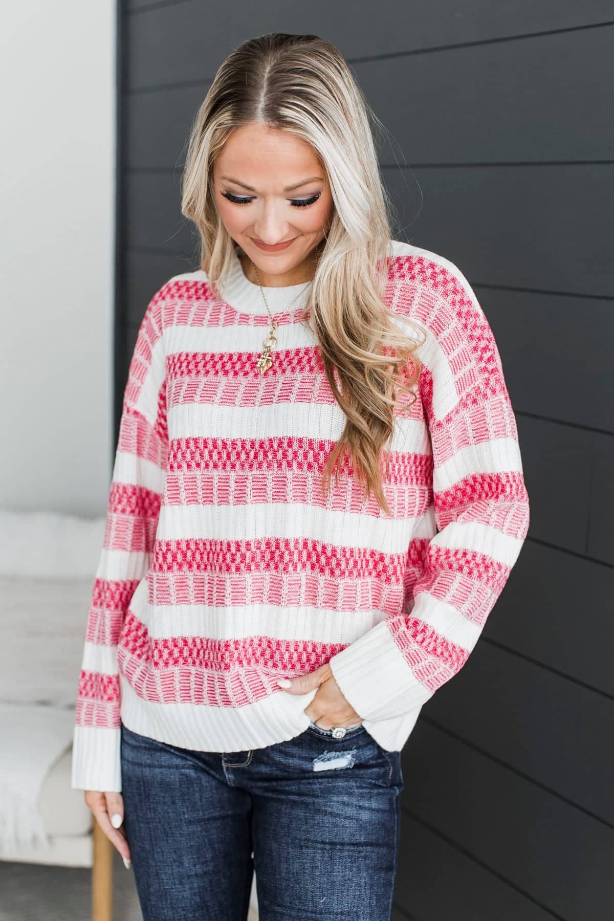 Smiling Through Life Knit Stripe Sweater- Ivory & Hot Pink