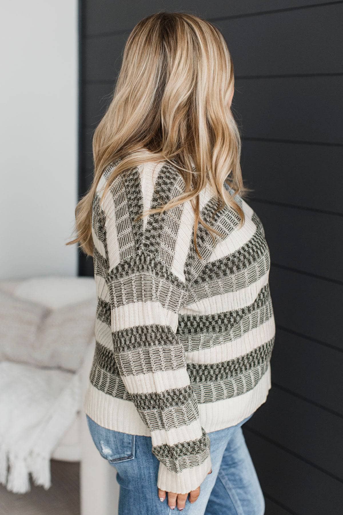 Smiling Through Life Knit Stripe Sweater- Ivory & Olive - Image 5