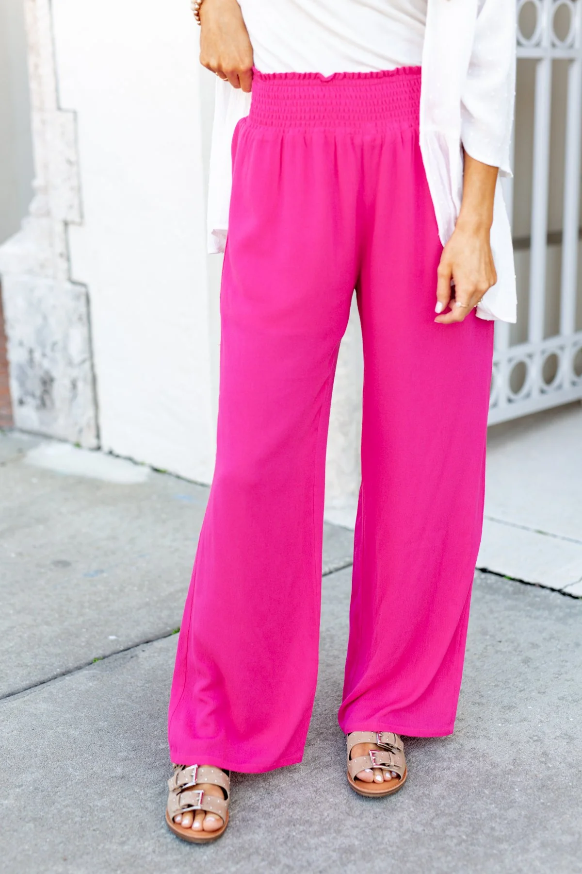 Smocked Waistband Wide Leg Pants- Fuchsia - Image 2