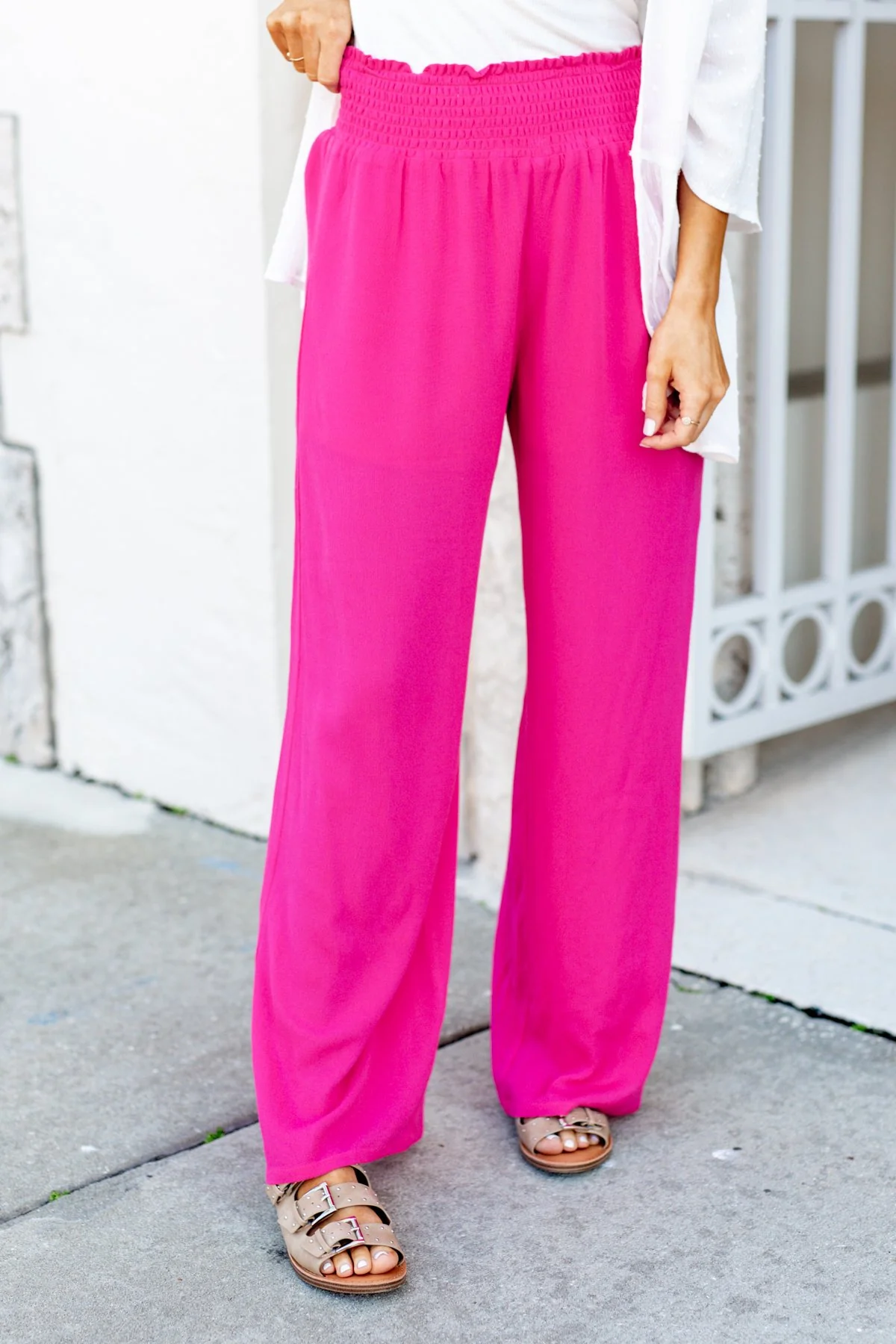 Smocked Waistband Wide Leg Pants- Fuchsia - Image 5