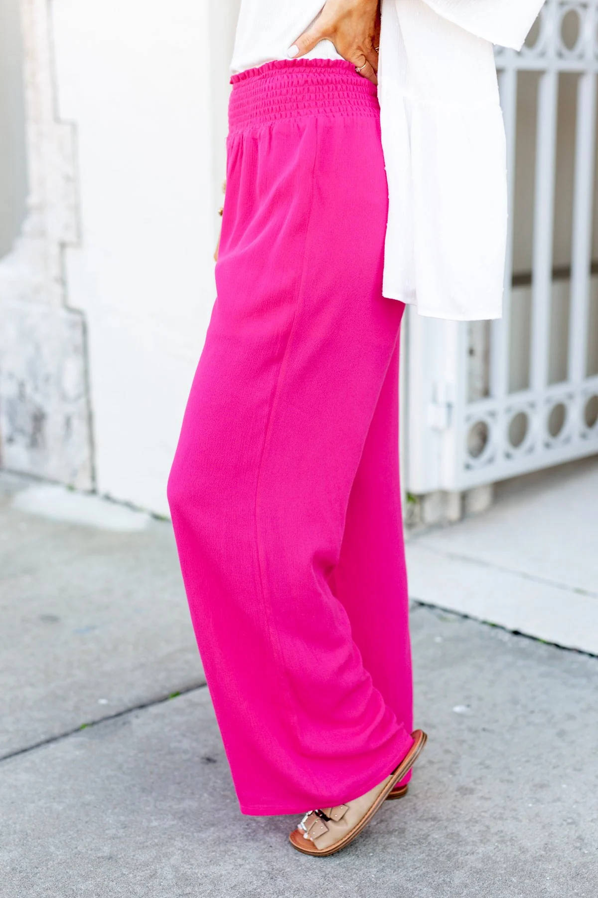Smocked Waistband Wide Leg Pants- Fuchsia - Image 7