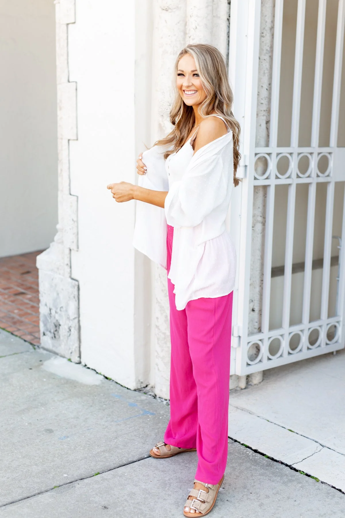 Smocked Waistband Wide Leg Pants- Fuchsia - Image 8