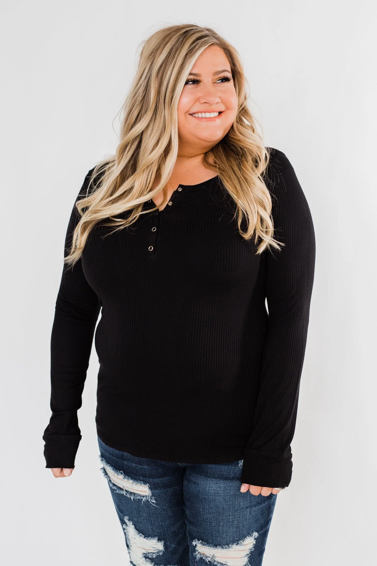 Snap Button Henley Top- Black - Image 4