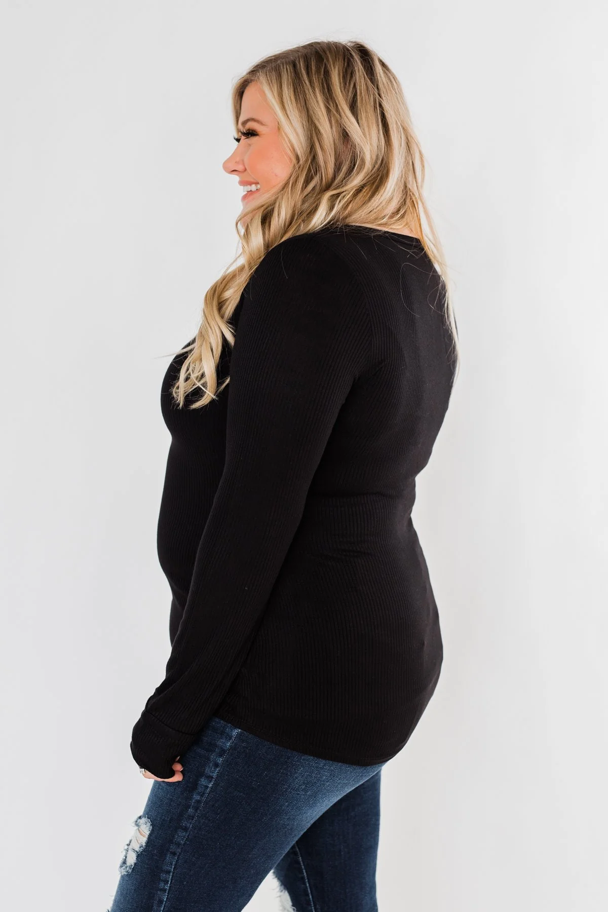 Snap Button Henley Top- Black - Image 6