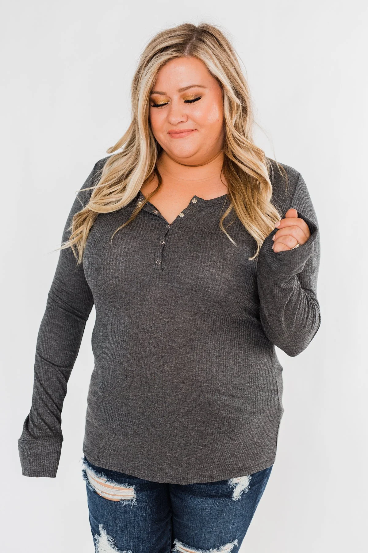 Snap Button Henley Top- Charcoal - Image 6