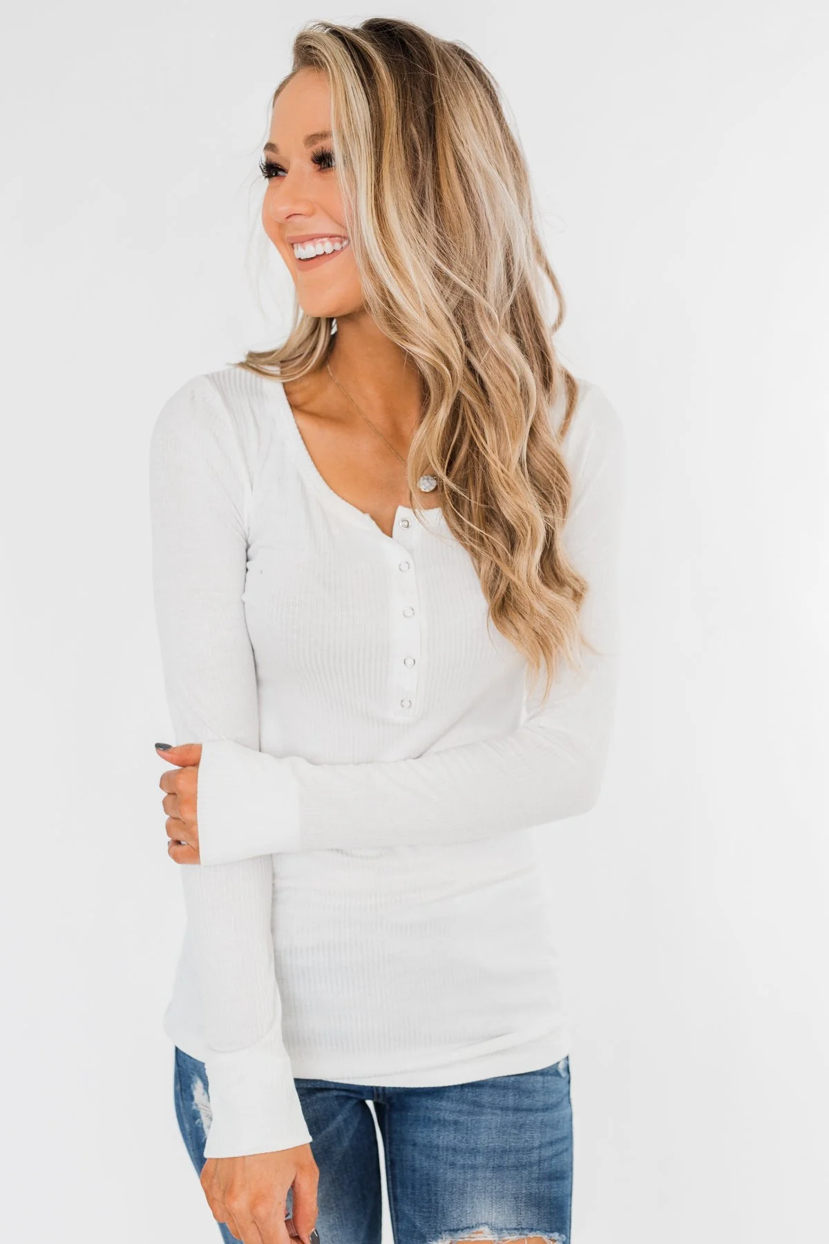 Snap Button Henley Top- Ivory - Image 3