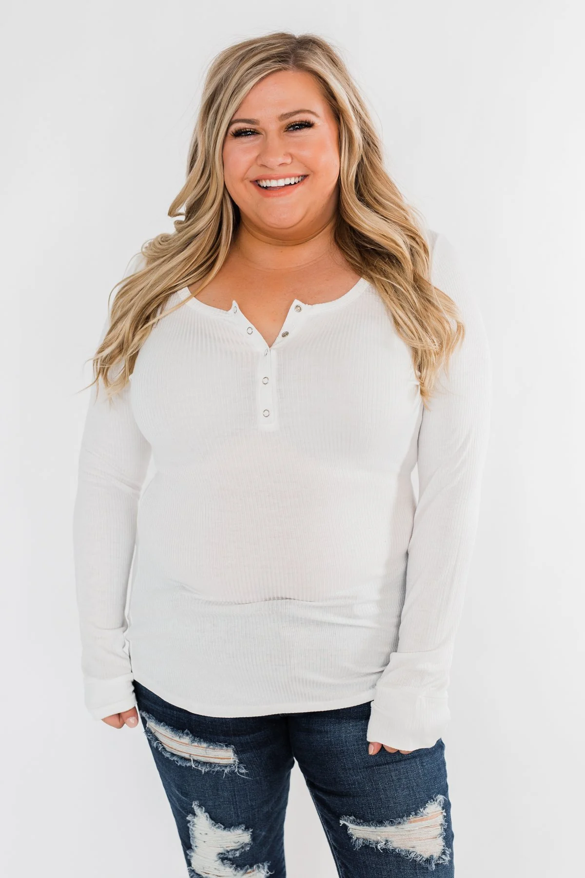 Snap Button Henley Top- Ivory - Image 4