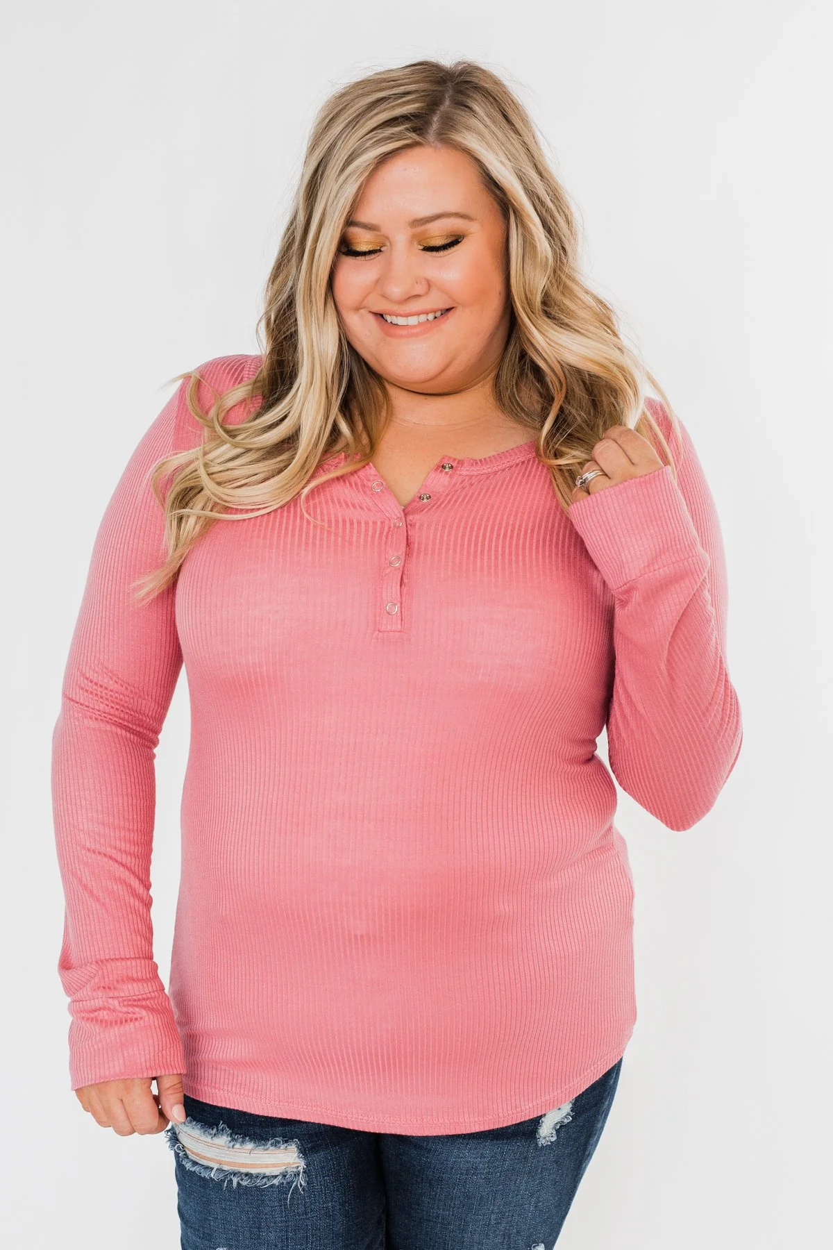 Snap Button Henley Top- Rose Pink - Image 6
