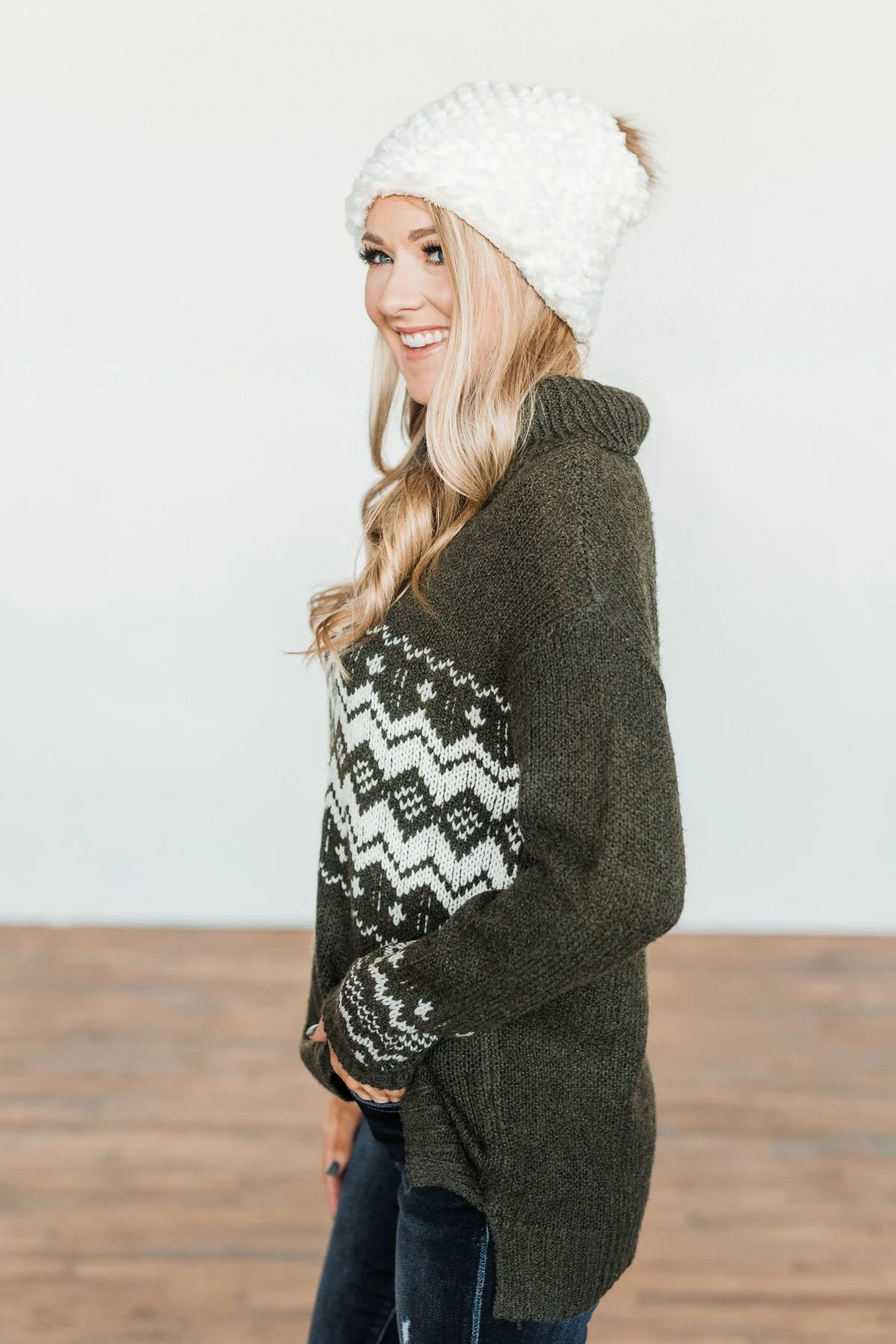Snowflake Smiles Knit Turtle Neck Sweater- Army Green - Image 7