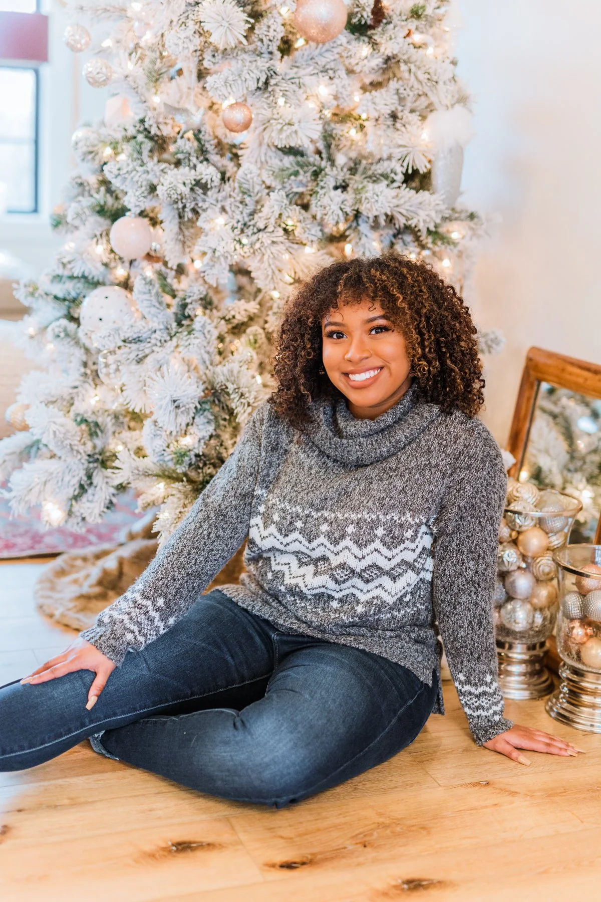 Snowflake Smiles Knit Turtle Neck Sweater- Charcoal - Image 2