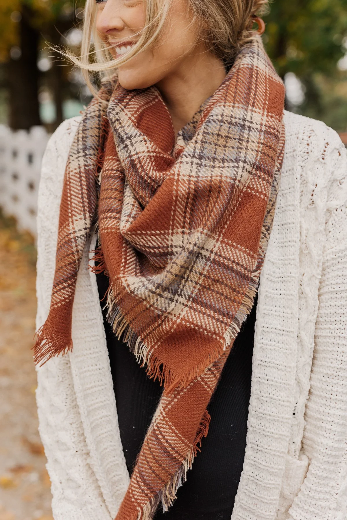 Snuggle Me Up Plaid Blanket Scarf- Brown - Image 3