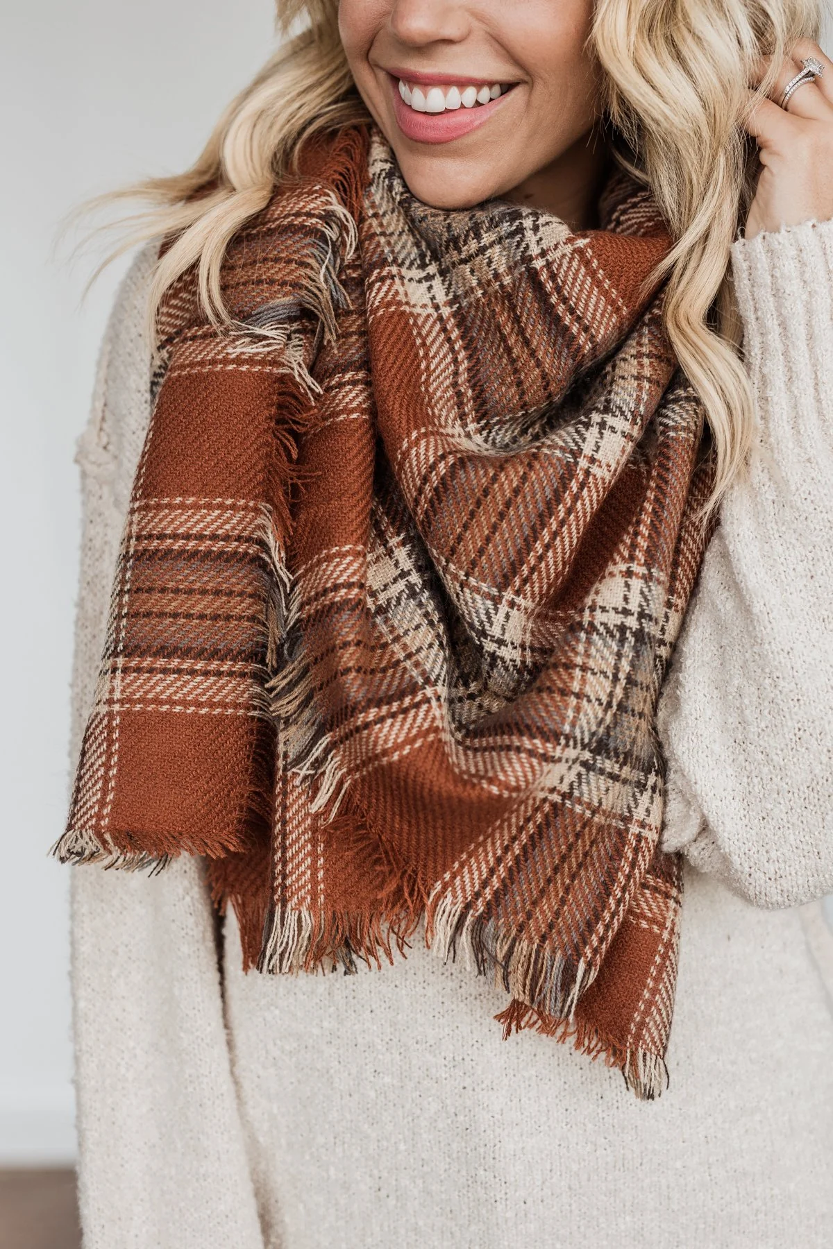 Snuggle Me Up Plaid Blanket Scarf- Brown - Image 7