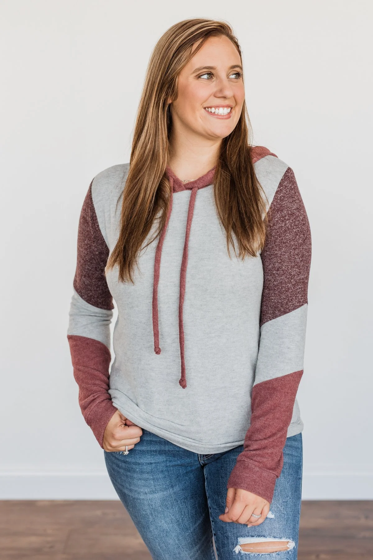 Snuggle Up Close Color Block Hoodie- Grey & Brick - Image 3