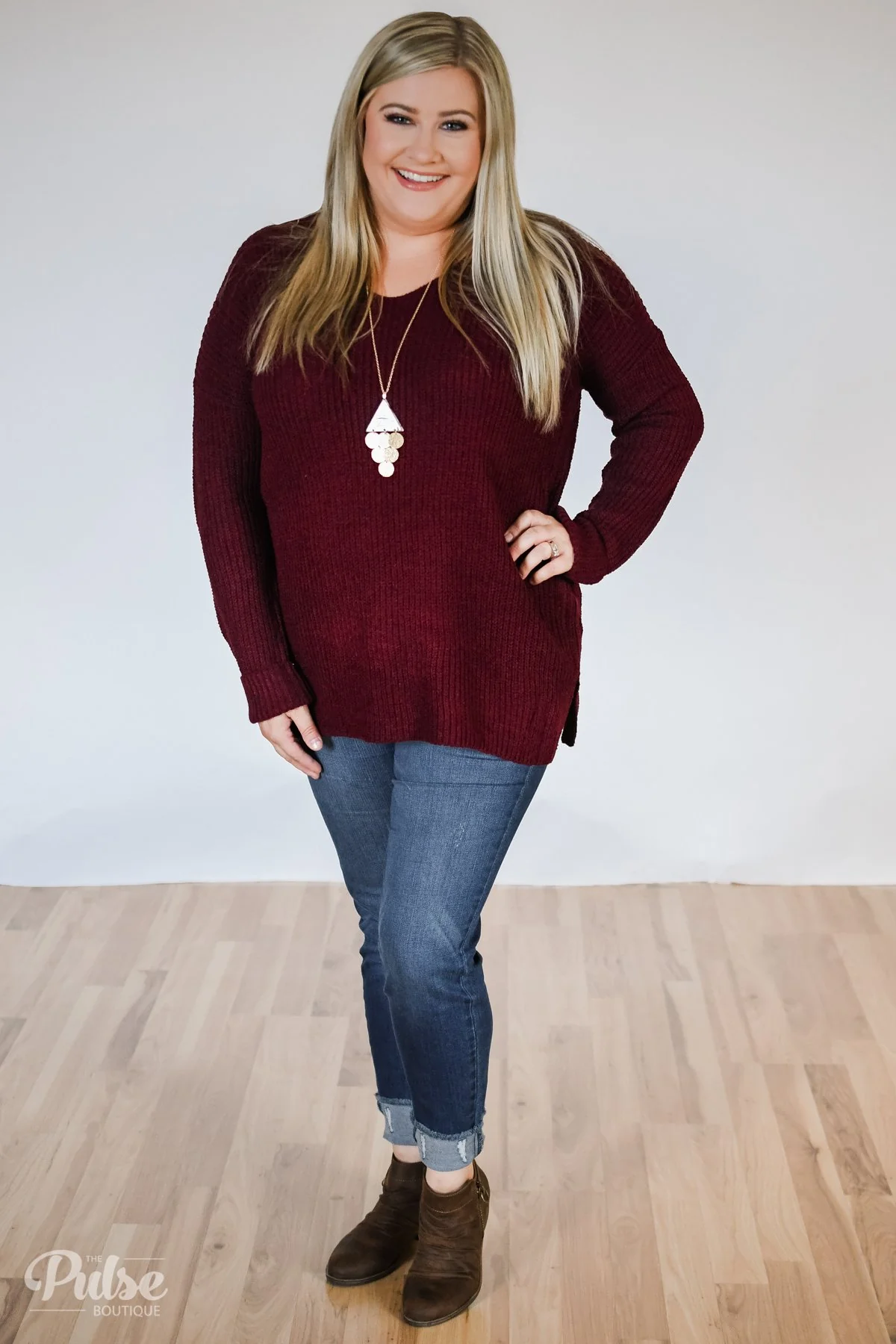Snuggle Up Knitted Sweater- Burgundy - Image 3