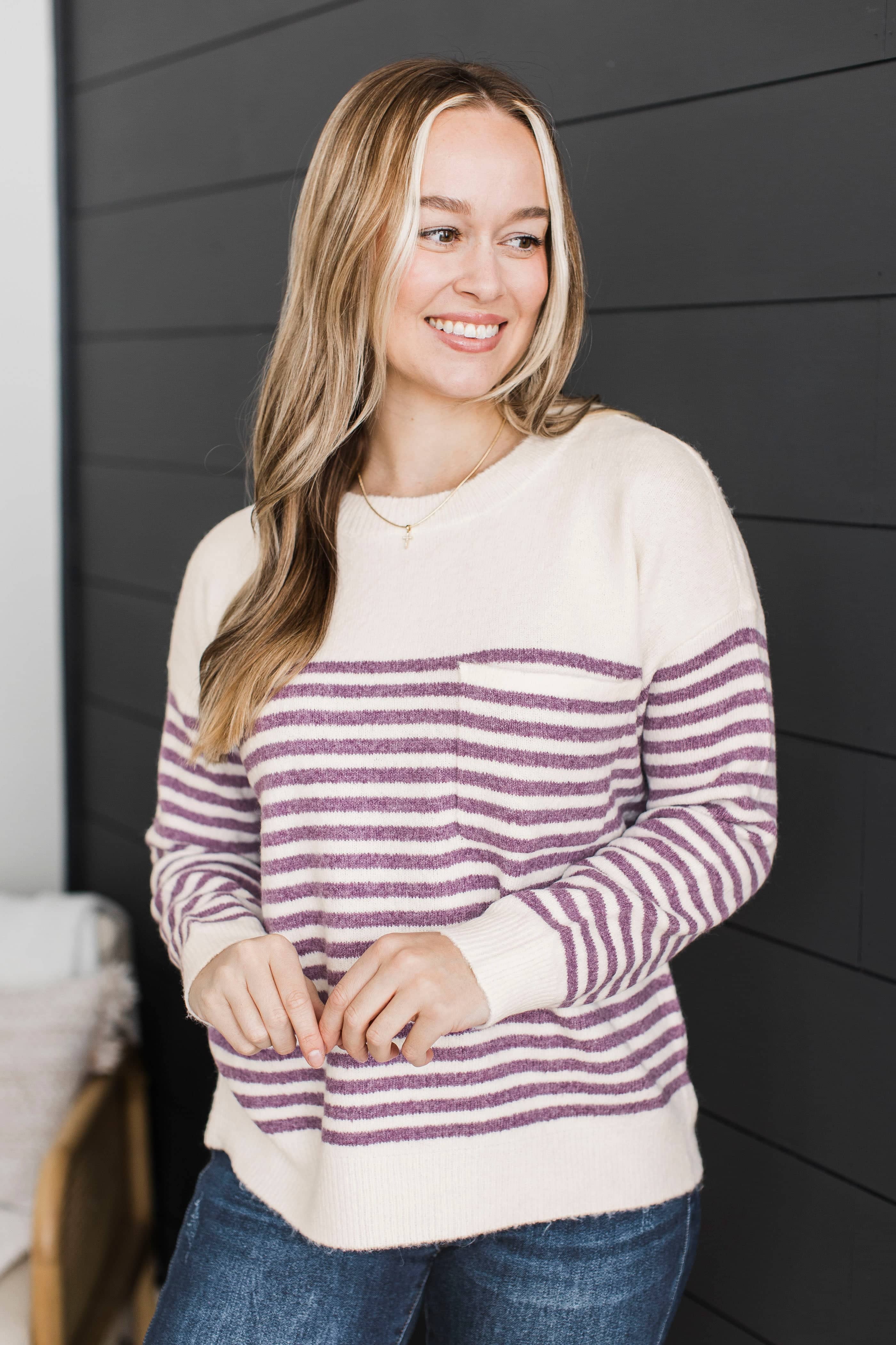 So Exciting Striped Knit Sweater- Ivory & Purple - Image 3