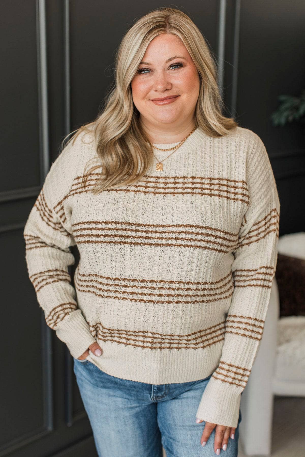 So Impressive Striped Knit Sweater- Ivory & Camel