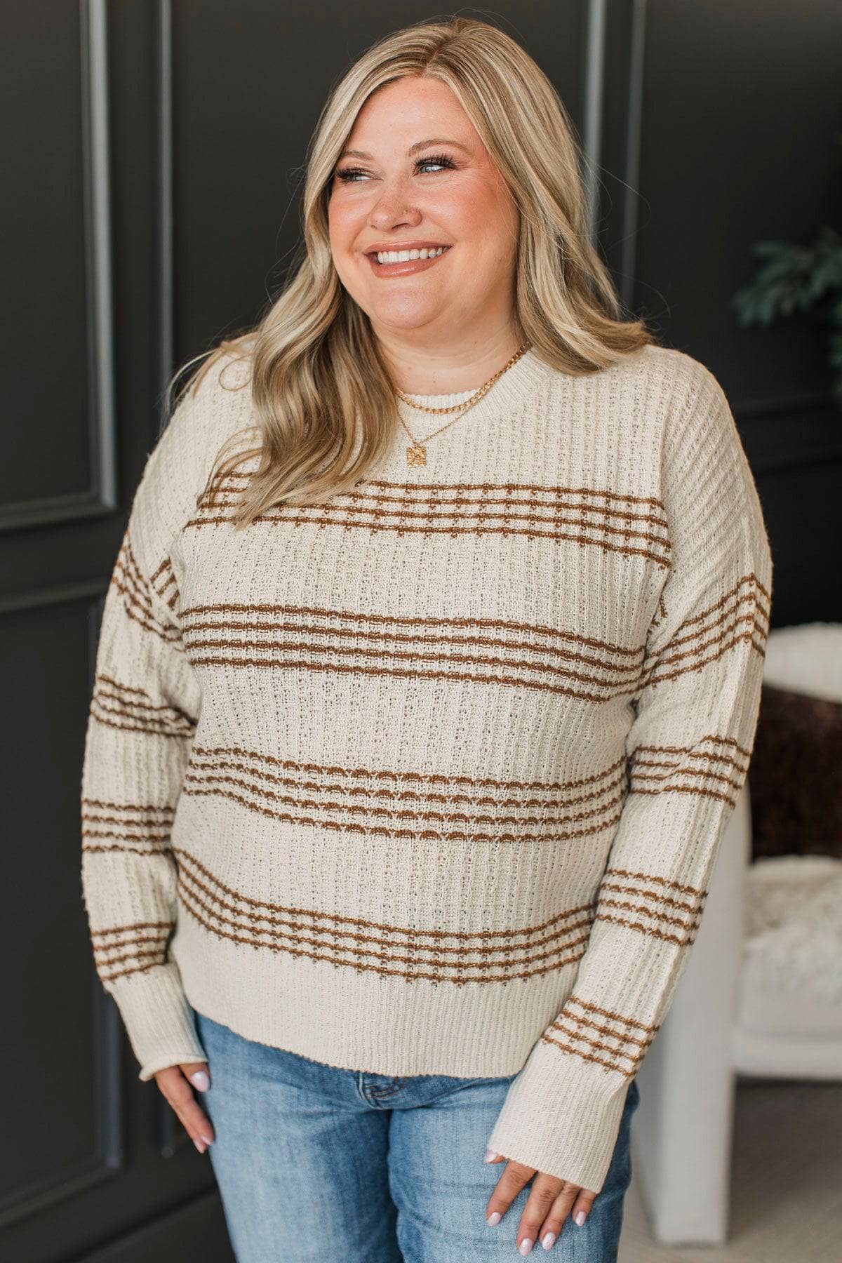 So Impressive Striped Knit Sweater- Ivory & Camel - Image 3