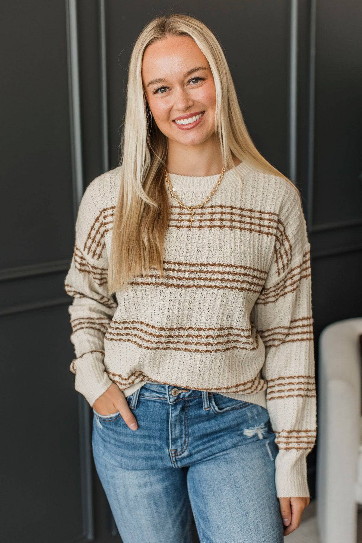 So Impressive Striped Knit Sweater- Ivory & Camel - Image 4
