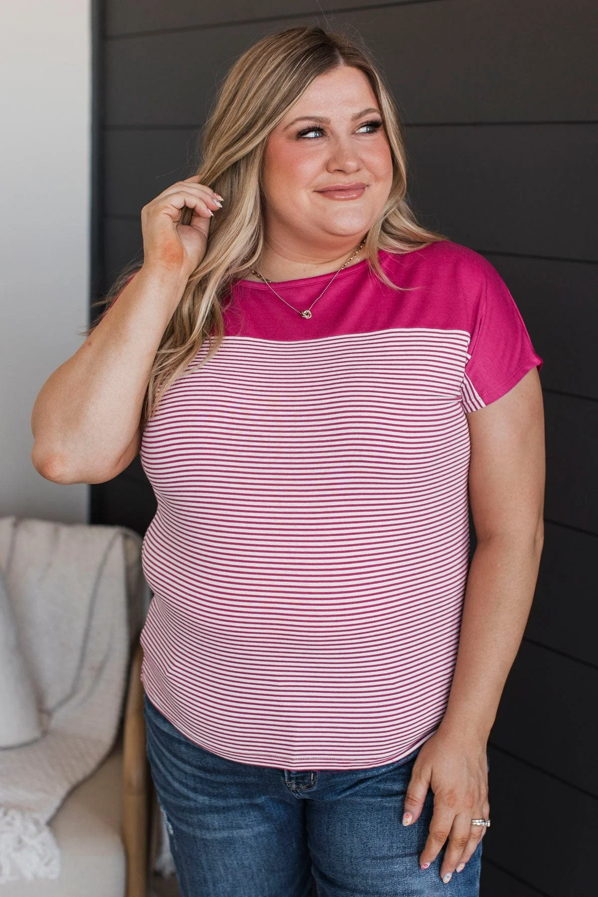 So Joyous Striped Short Sleeve Top- Fuchsia - Image 2