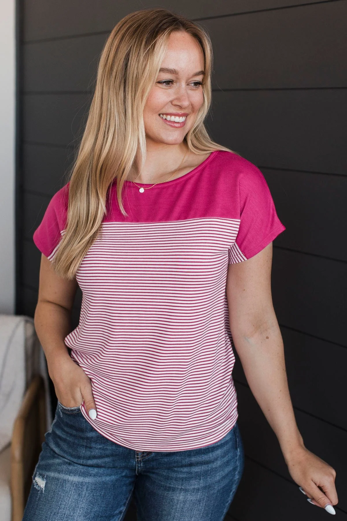 So Joyous Striped Short Sleeve Top- Fuchsia - Image 3