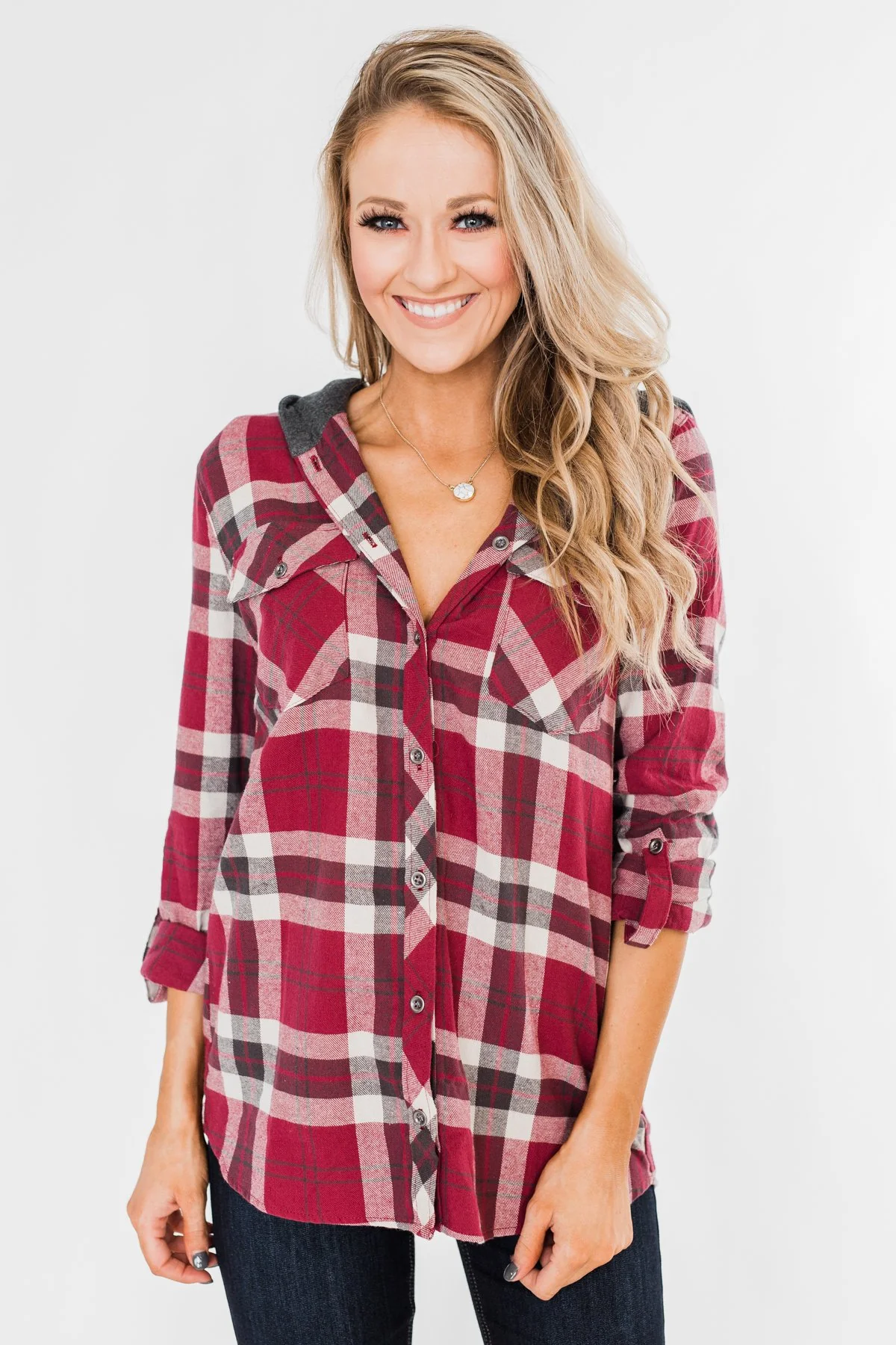 So Long To You Plaid Hooded Top- Dark Berry - Image 3