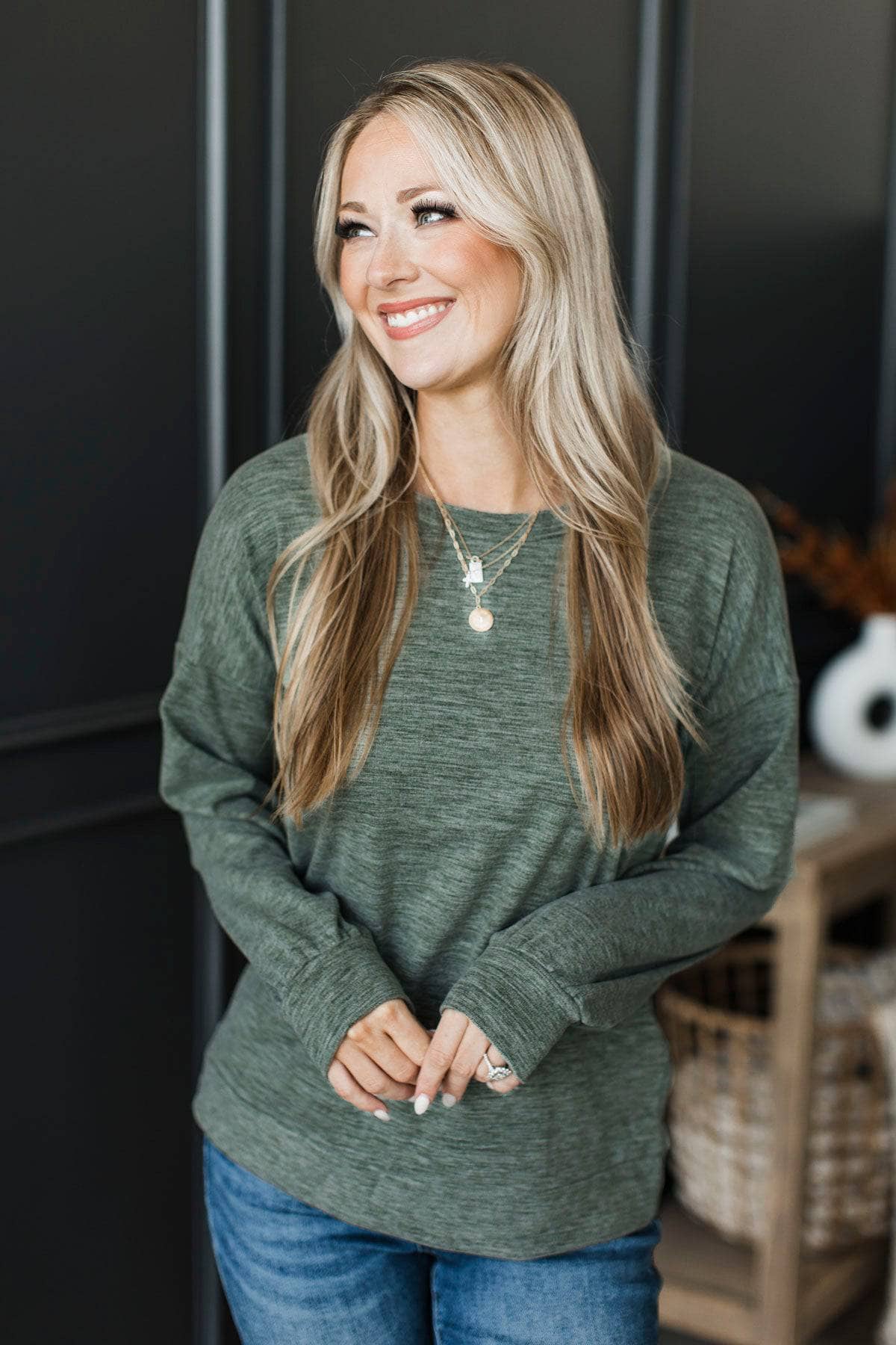 So Lovable Long Sleeve Pullover Top- Olive - Image 2