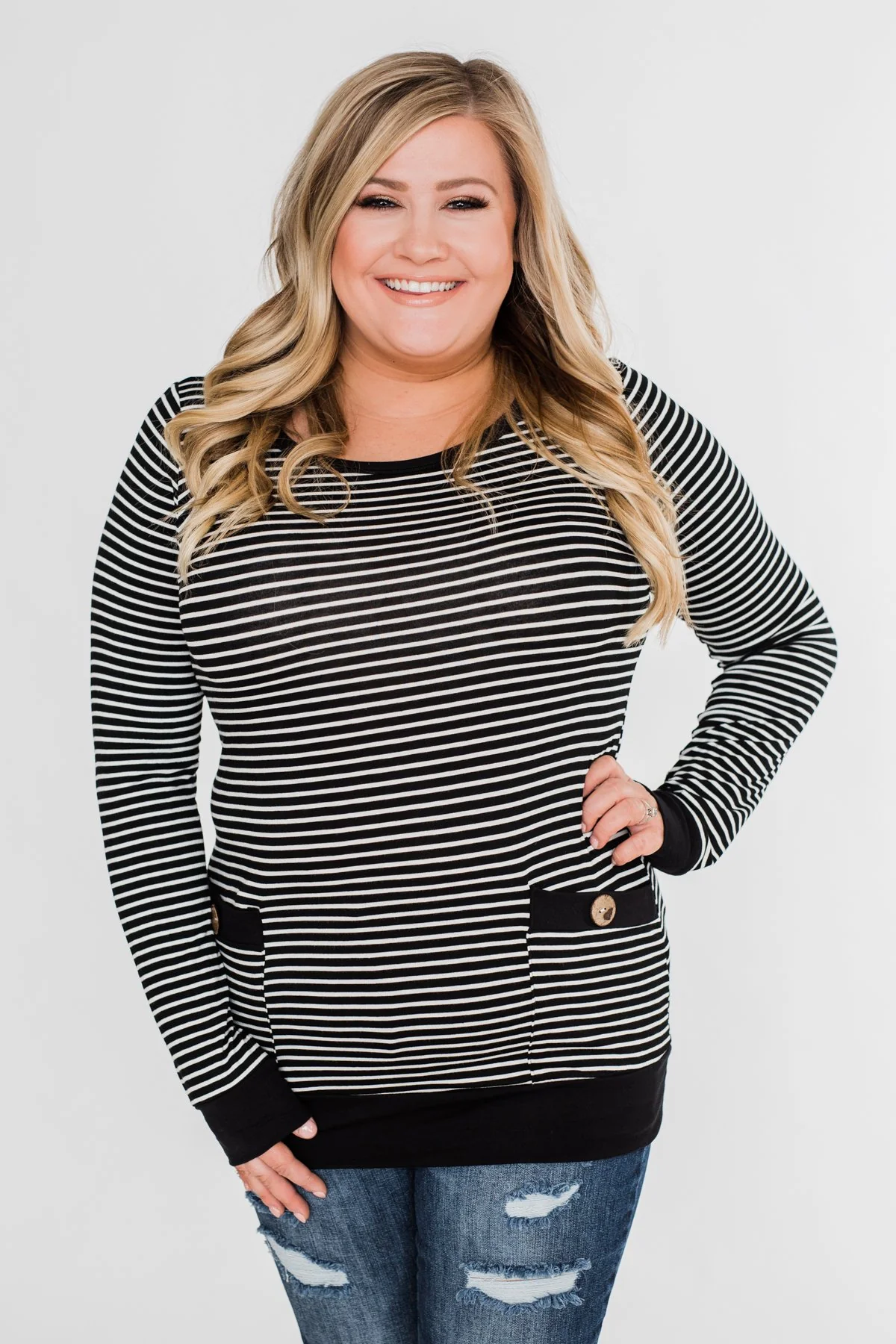 So Much In Common Striped Pocket Top- Black - Image 4