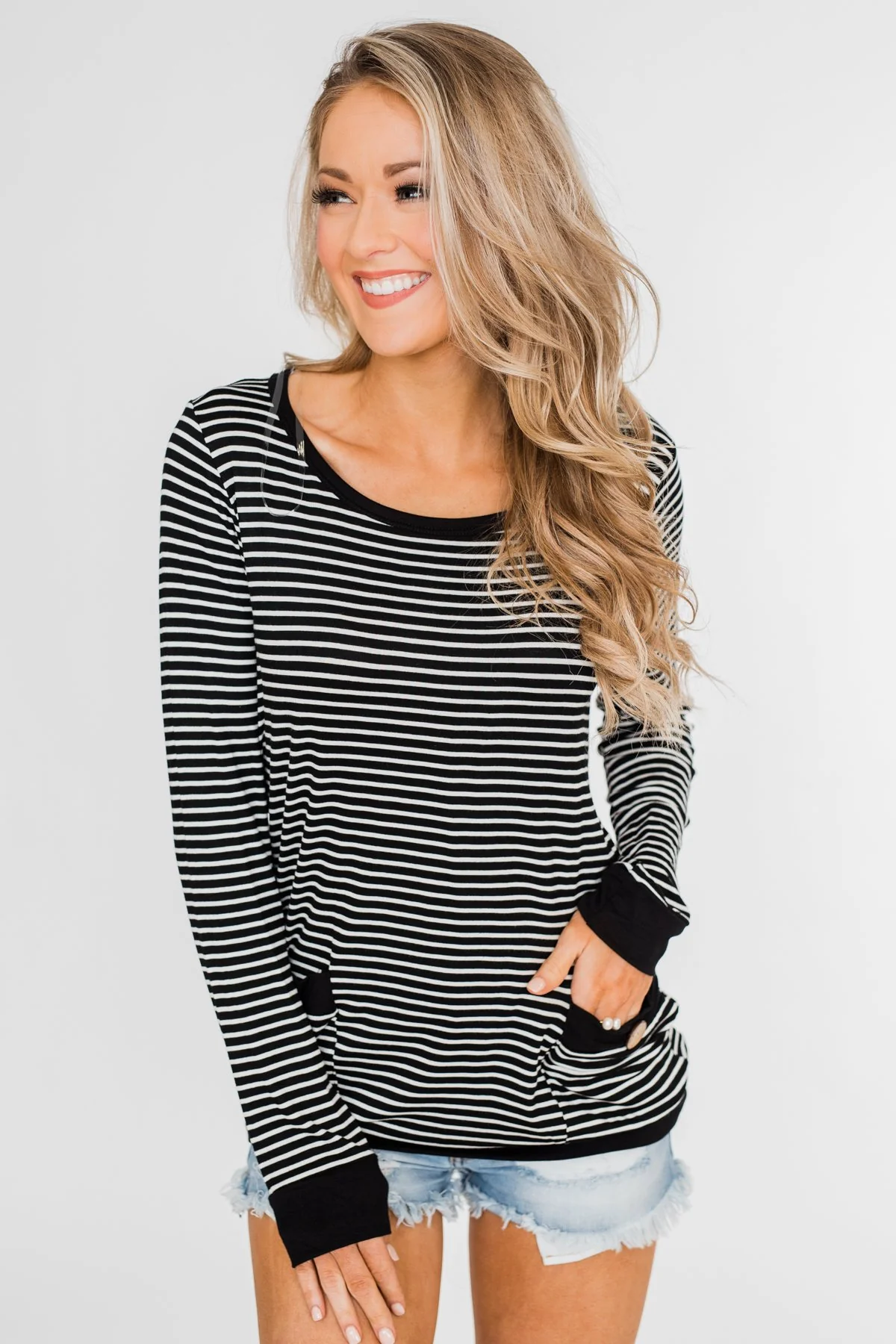 So Much In Common Striped Pocket Top- Black - Image 5