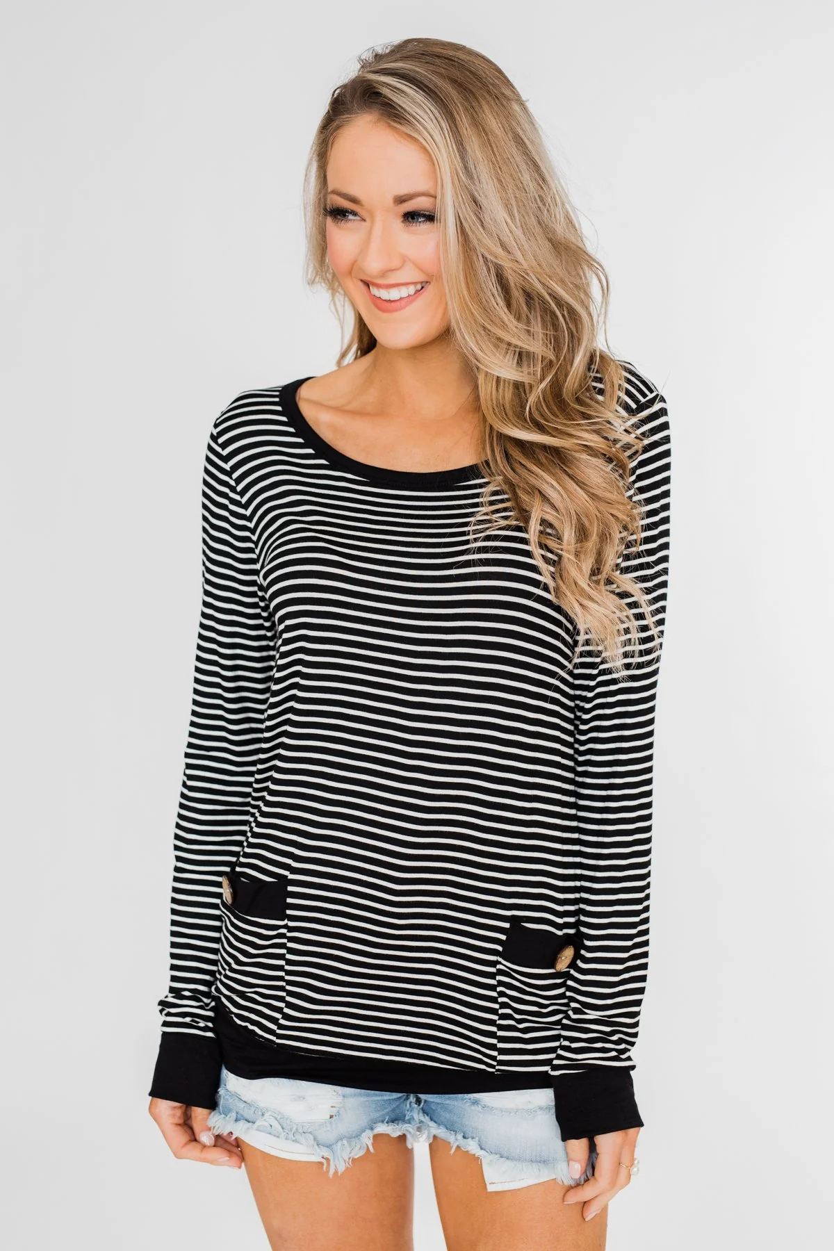 So Much In Common Striped Pocket Top- Black - Image 9