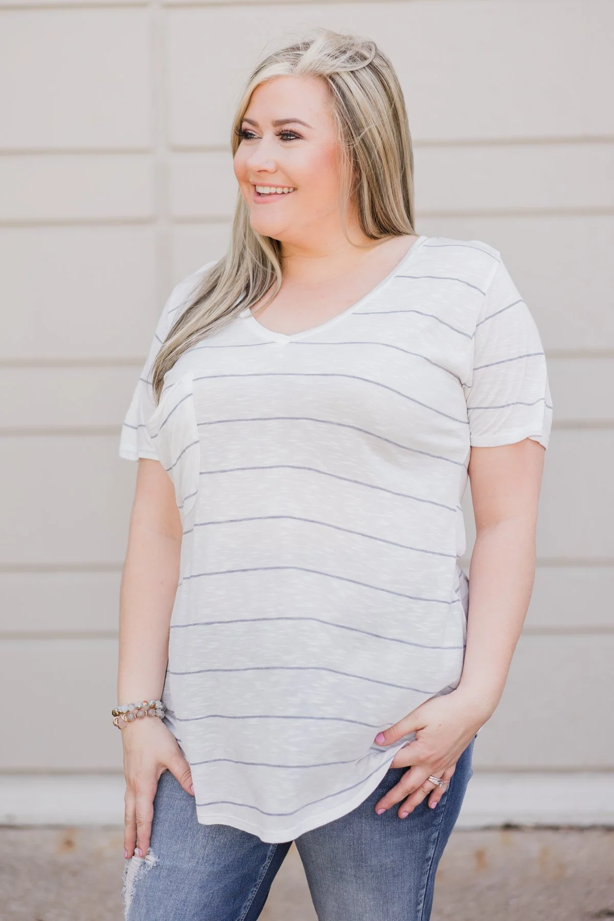 So Soft Striped Pocket Top- White & Grey - Image 7