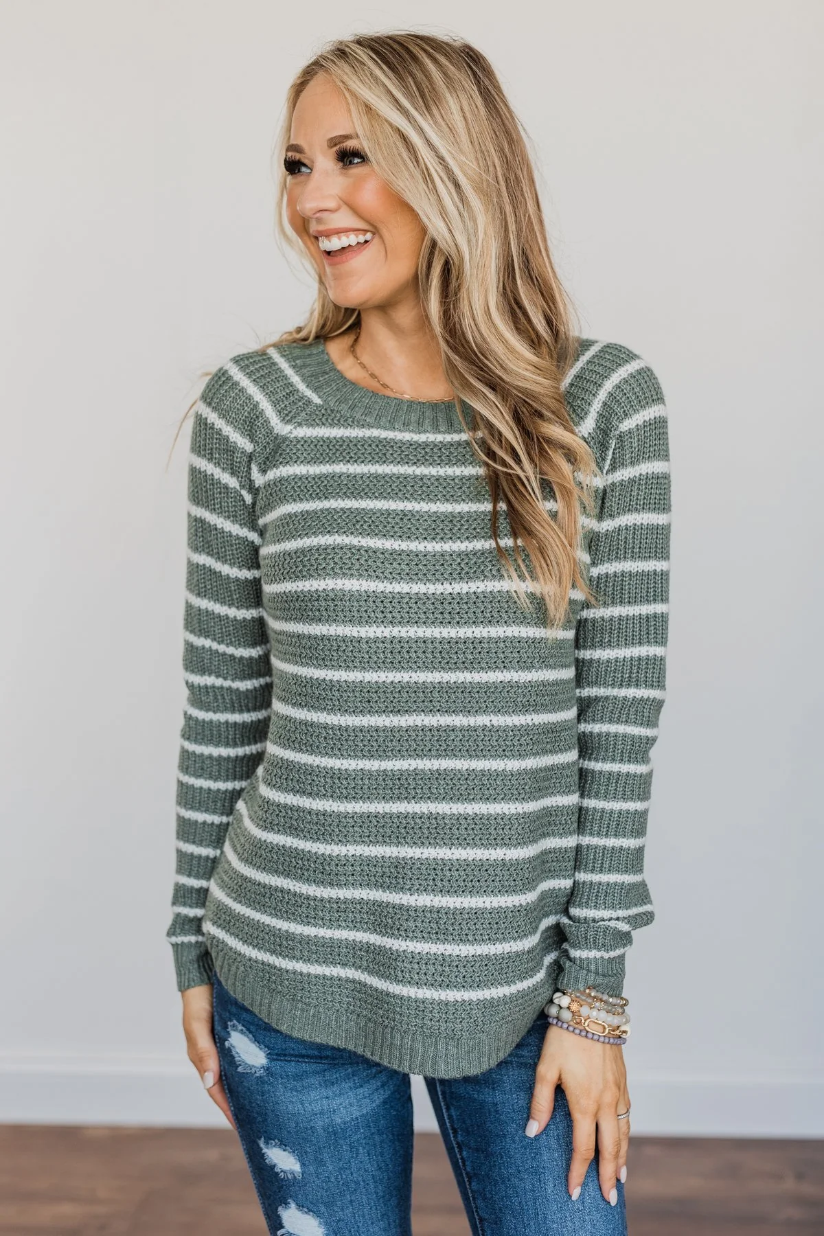 Soak In The Moment Striped Sweater- Dark Sage - Image 4