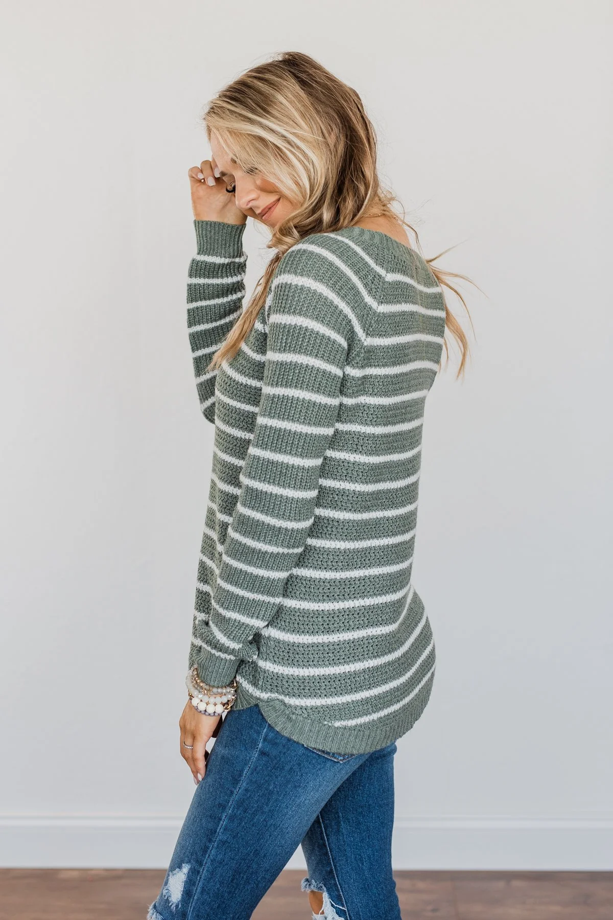 Soak In The Moment Striped Sweater- Dark Sage - Image 7