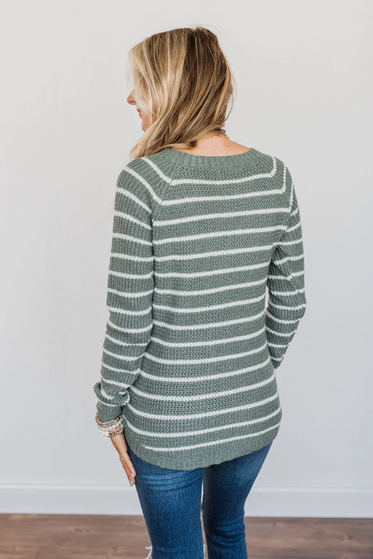 Soak In The Moment Striped Sweater- Dark Sage - Image 9
