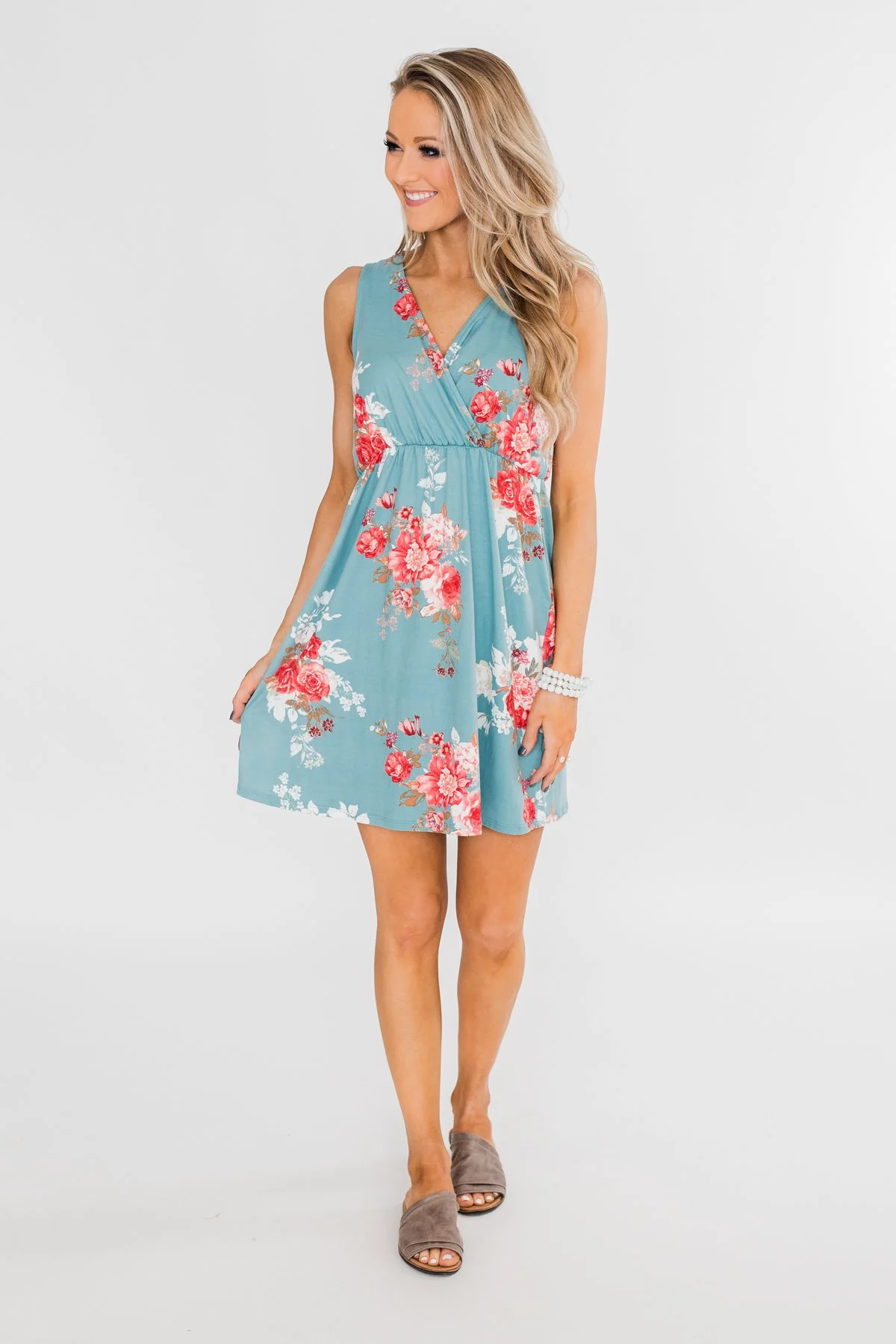 Soak Up The Sun Floral Dress- Antique Teal - Image 5
