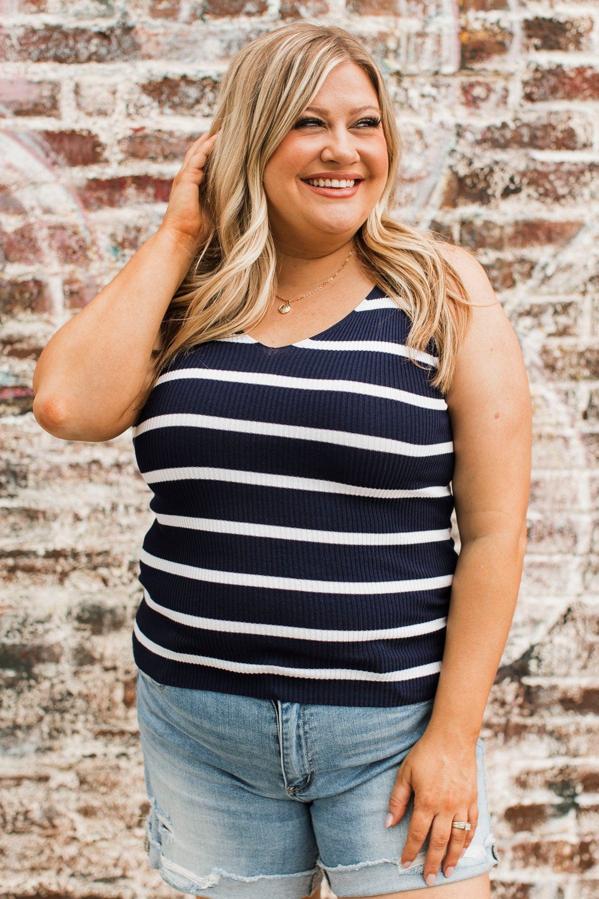 Soaking Up Sunshine Striped Tank Top- Navy & Ivory - Image 4