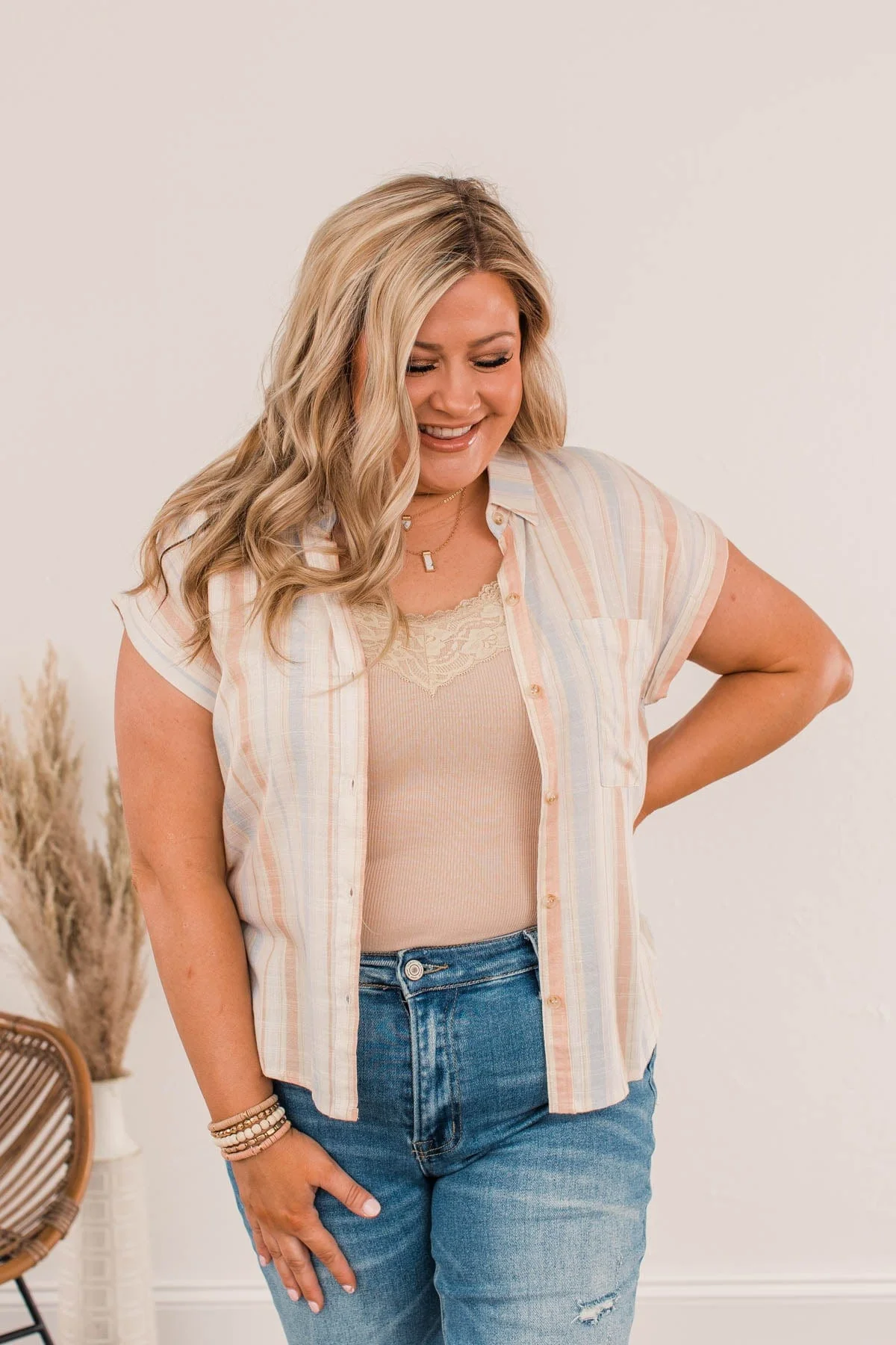 Social Occasion Striped Button Up Top- Cream - Image 3