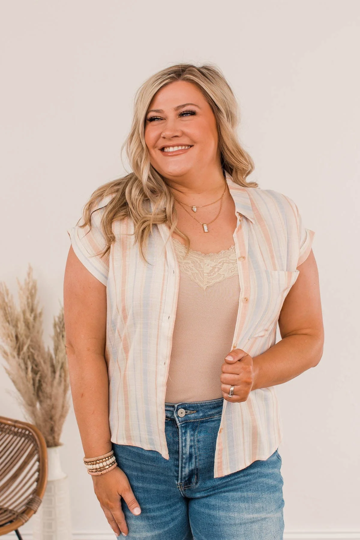 Social Occasion Striped Button Up Top- Cream - Image 8