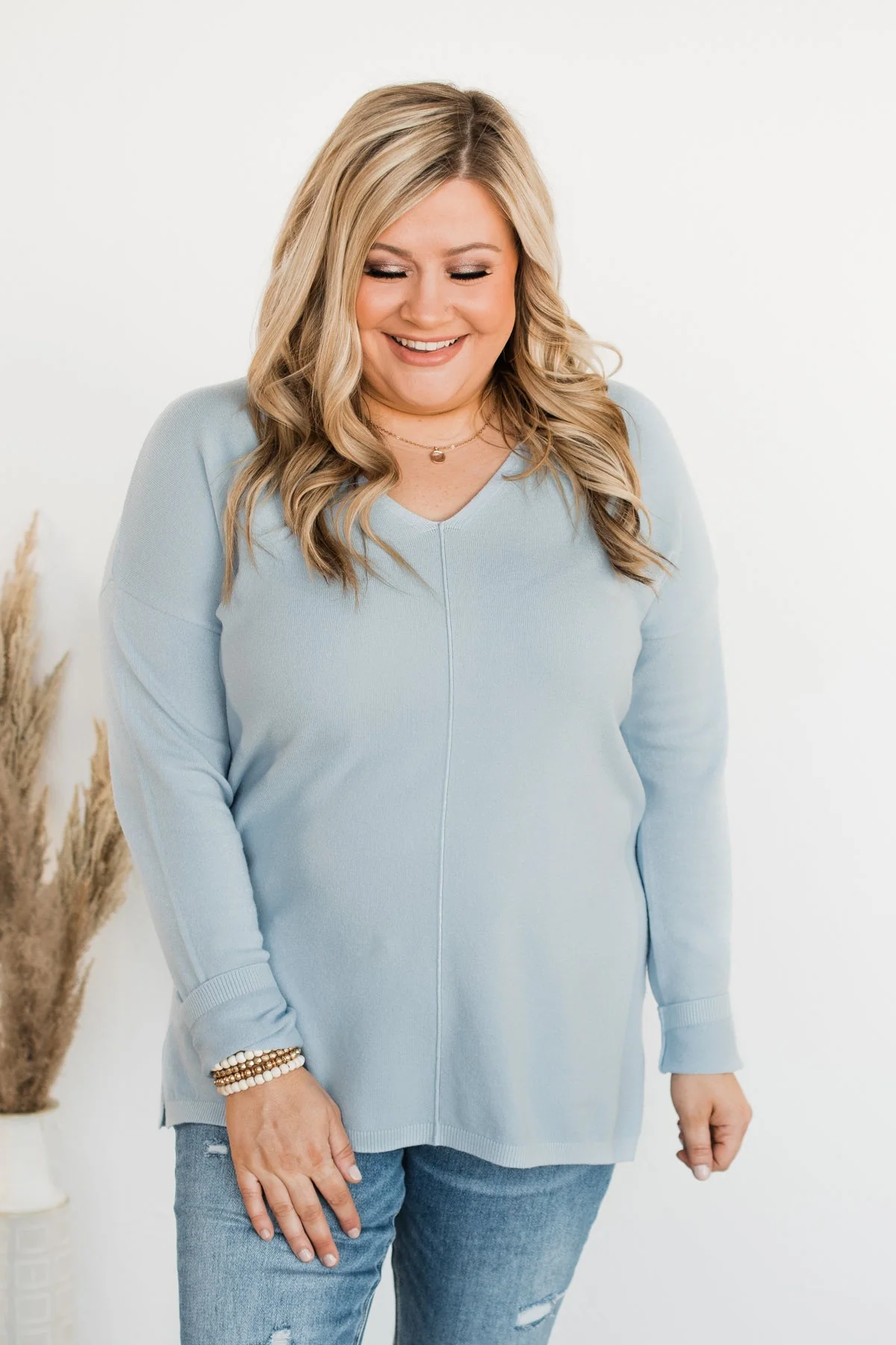 Soft As A Cloud V-Neck Sweater- Baby Blue - Image 6