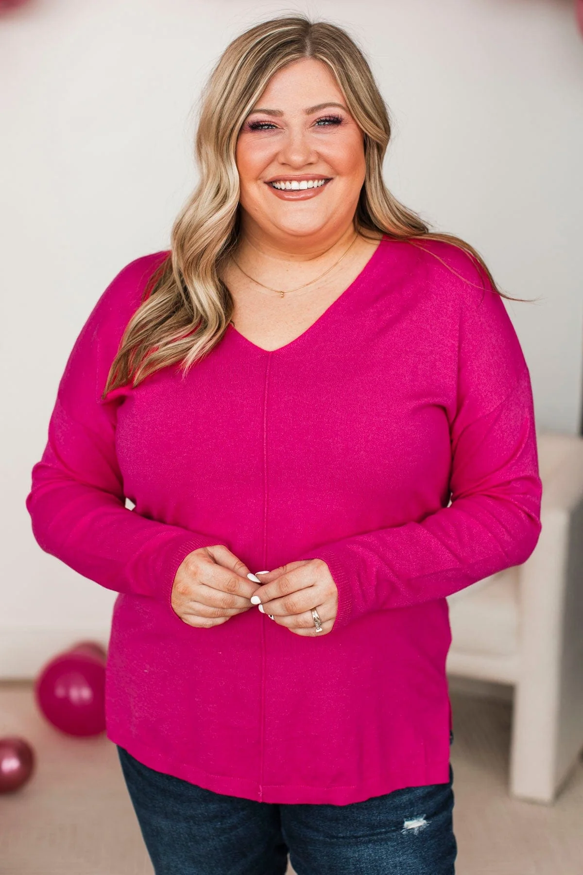 Soft As A Cloud V-Neck Sweater- Hot Pink - Image 4