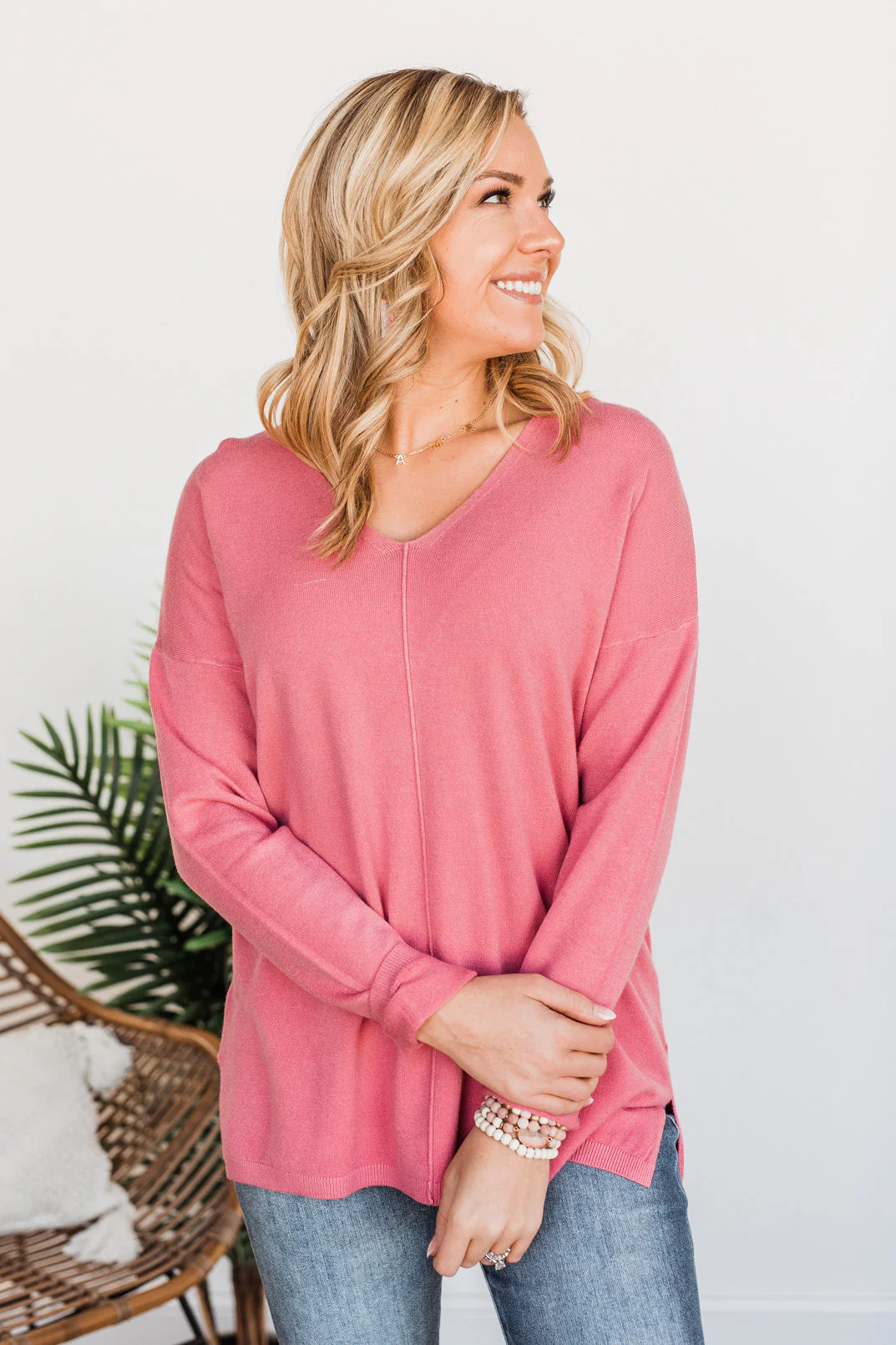 Soft As A Cloud V-Neck Sweater- Pink - Image 5