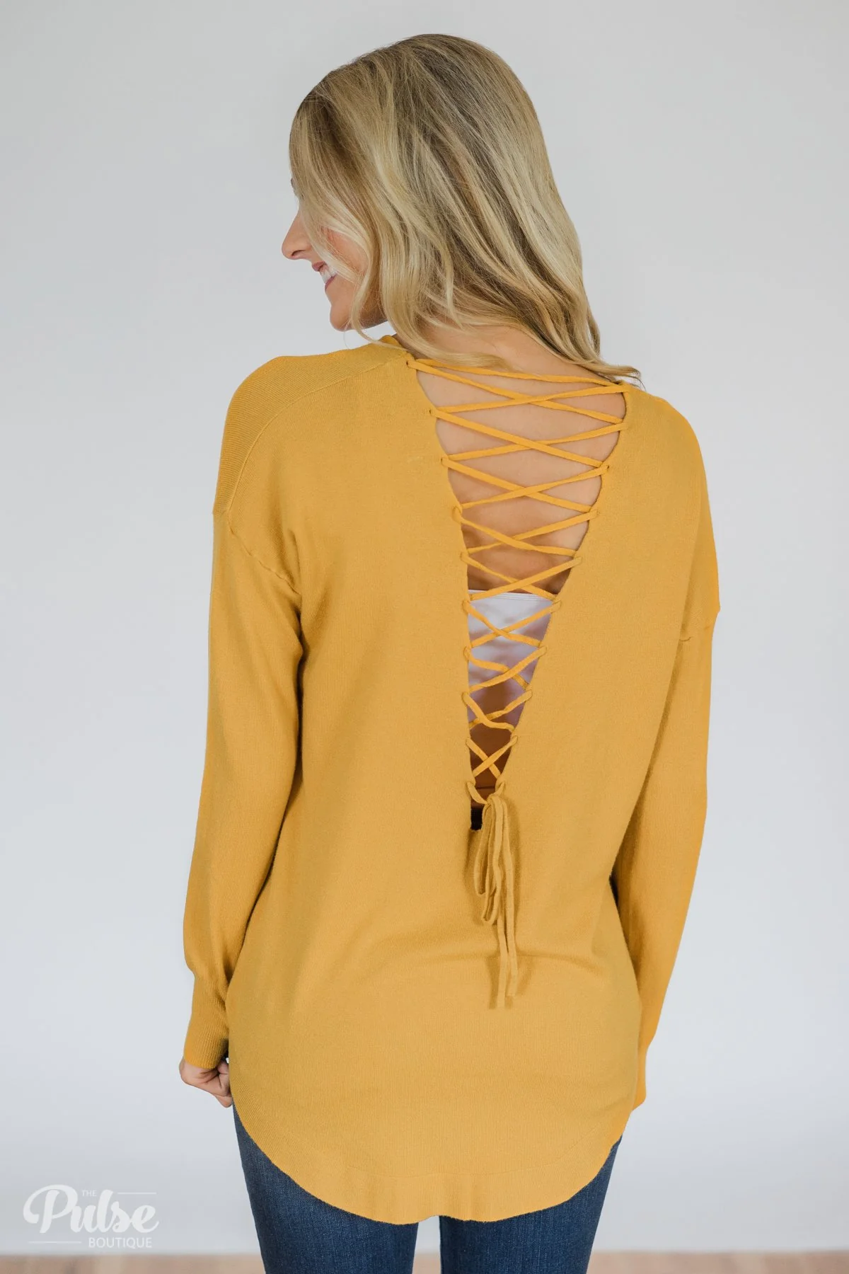 Soft Bliss Lace Down Back Sweater- Honey Yellow - Image 5