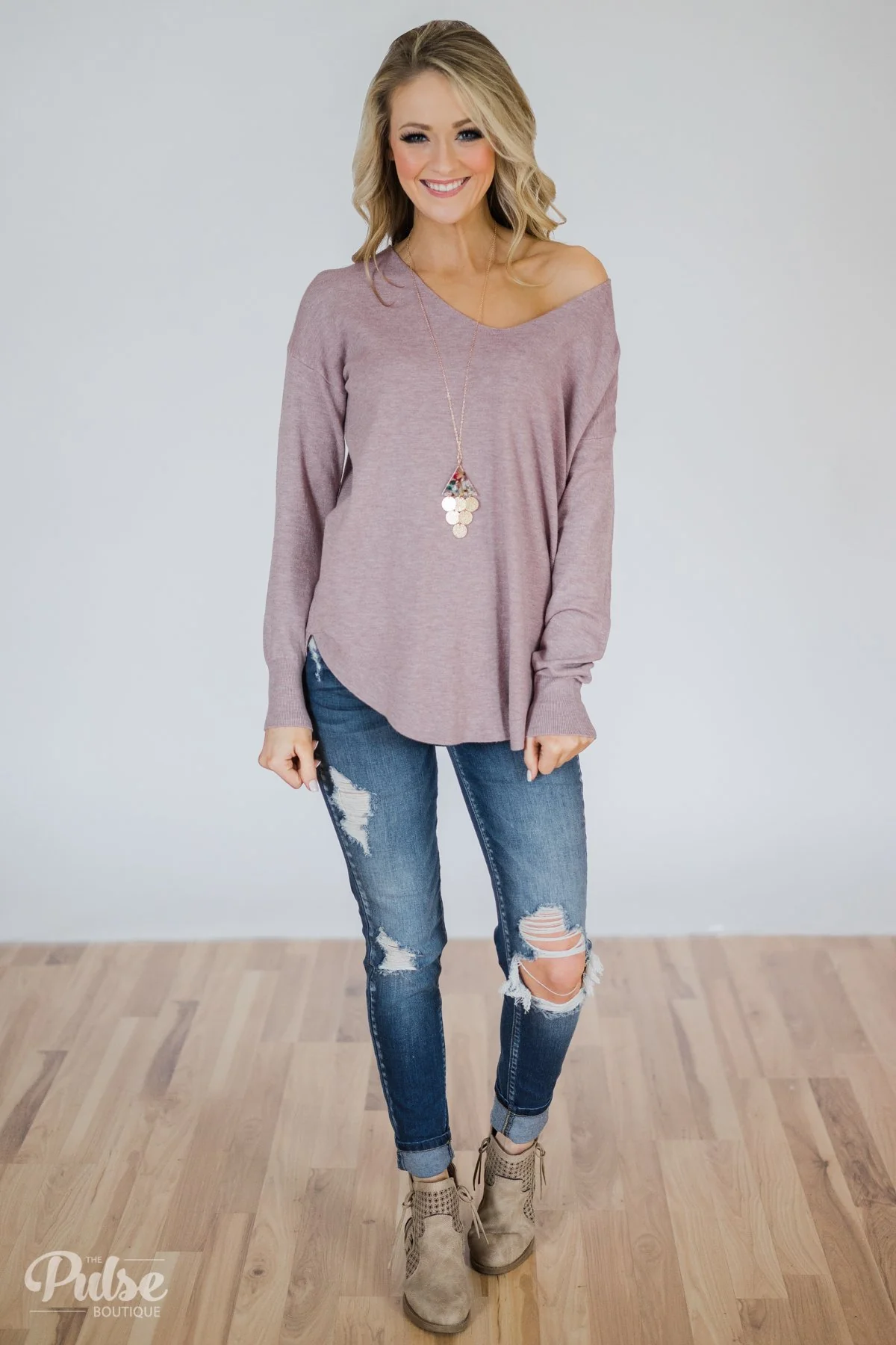Soft Bliss Lace Down Back Sweater- Lavender - Image 3