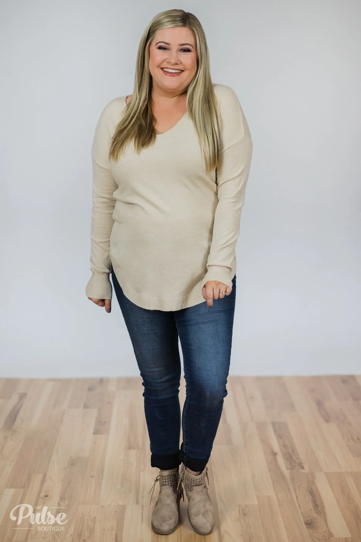 Soft Bliss Lace Down Back Sweater- Oatmeal - Image 4