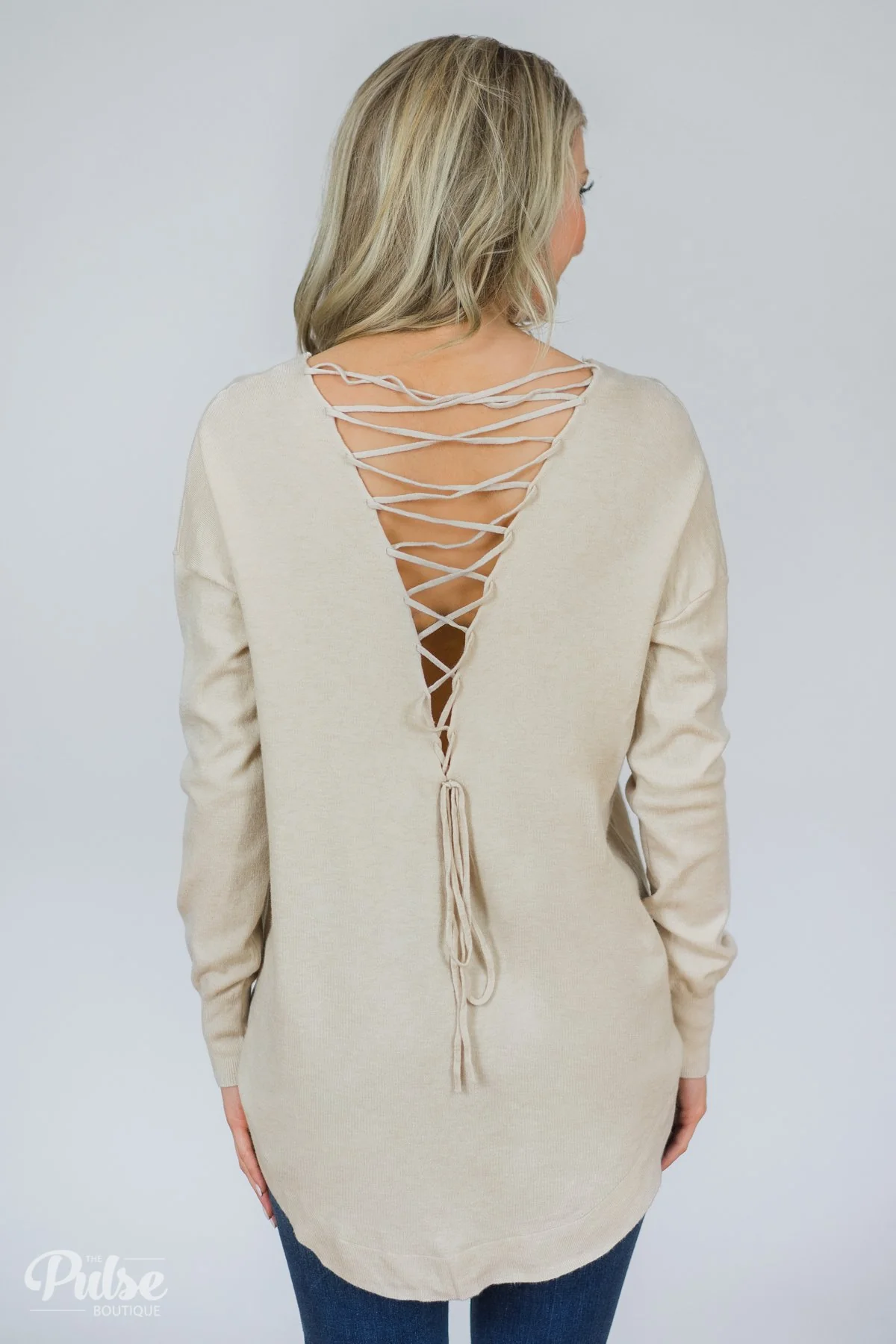 Soft Bliss Lace Down Back Sweater- Oatmeal - Image 9