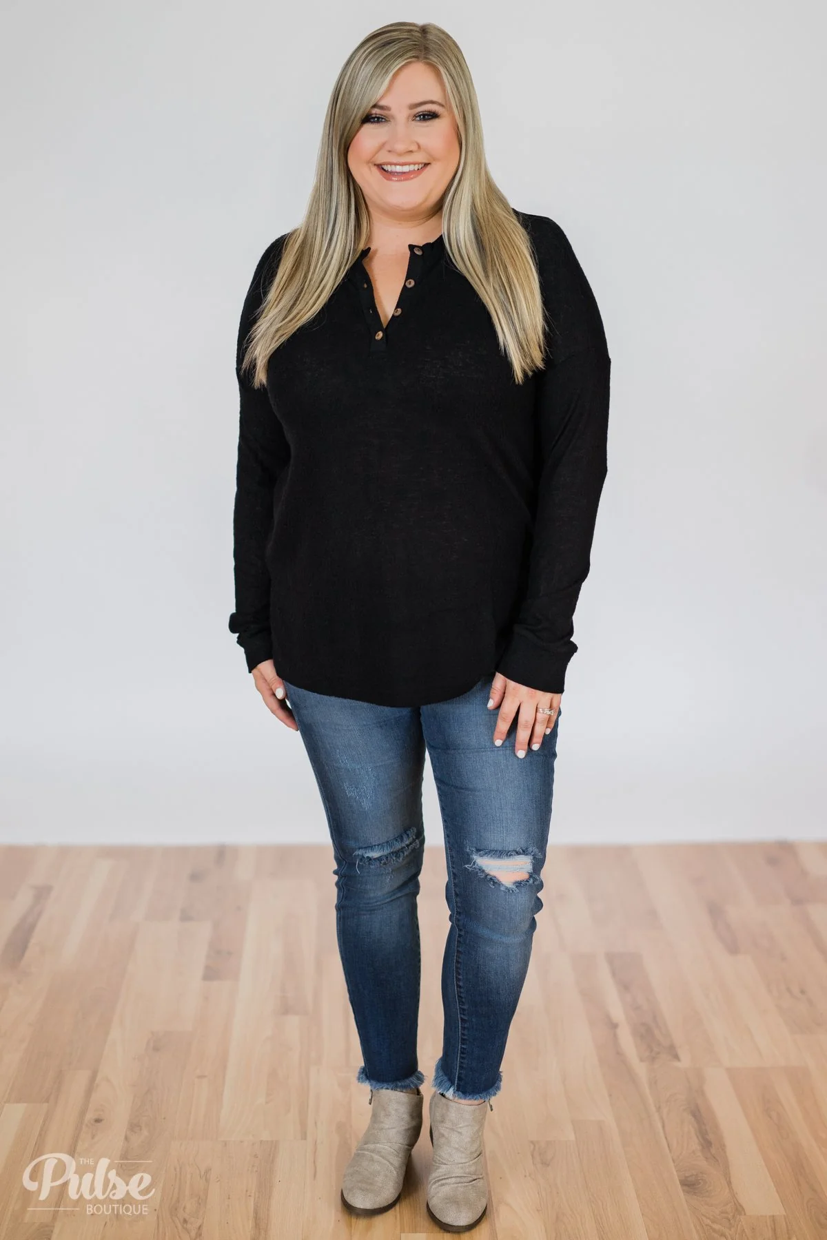 Soft & Cozy 4-Button Henley Top- Black - Image 5